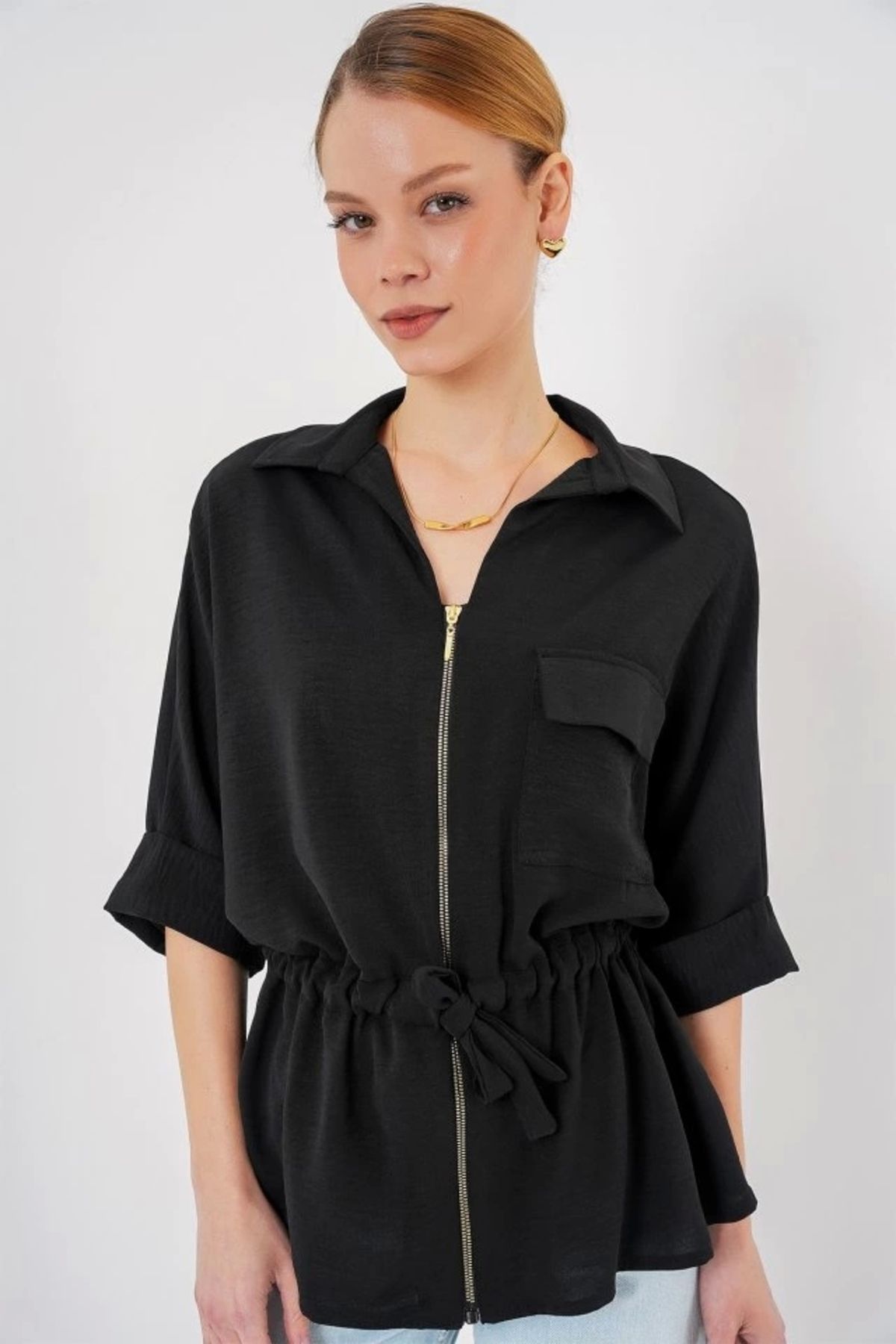 Butik Fermuarlı Gömlek 0721 - Siyah