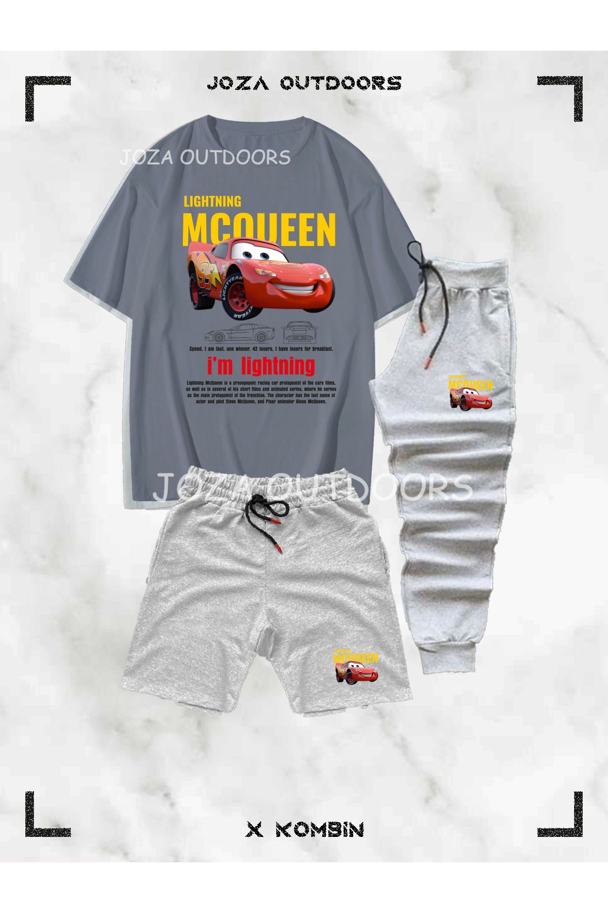 Jobia Outdoors Erkek Renkli Mcqueen Baskılı 3'lü Kombin Takım ( Oversize tişört-şort-eşofman Altı)