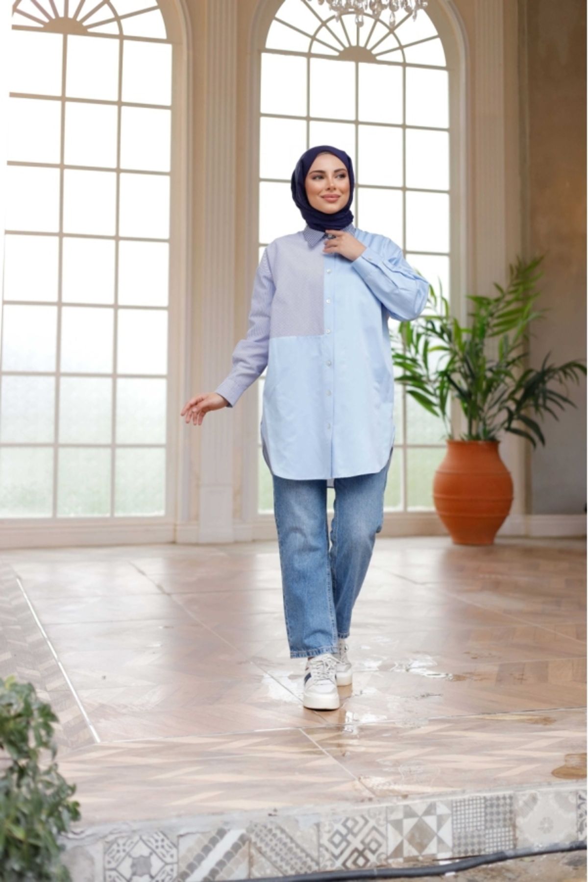 Lamazi Veil Saten Çizgili Mavi 4149 Gömlek