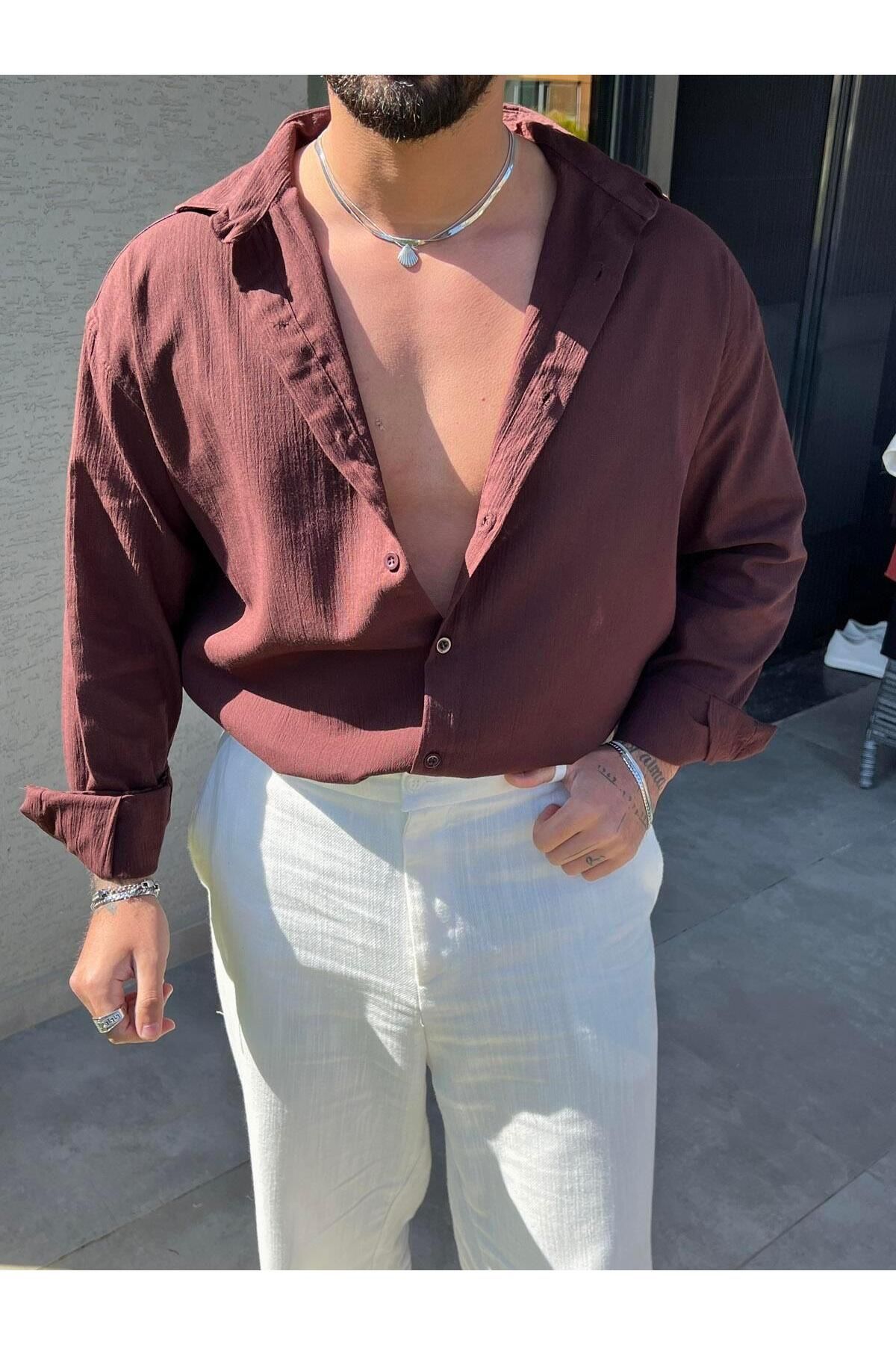 Elzem İnce Basic Keten Oversize Gömlek Kahve