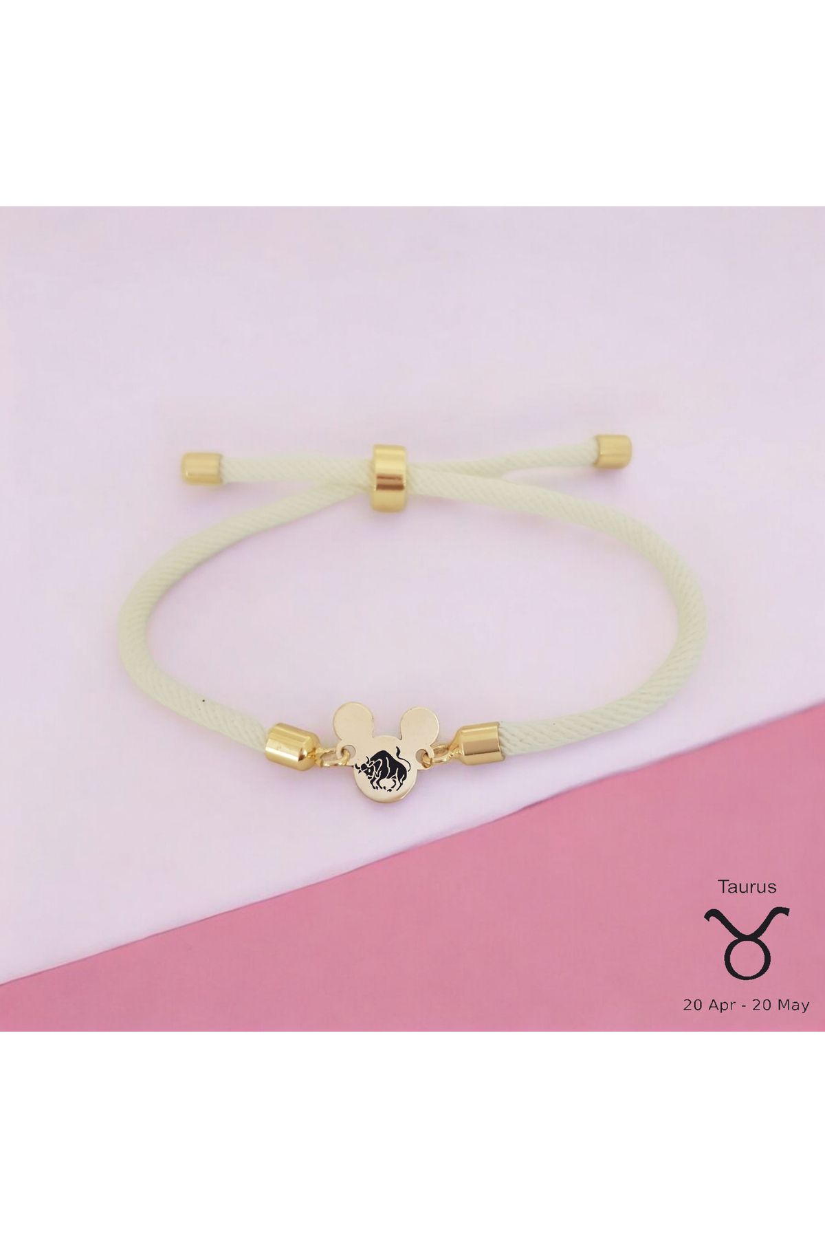ARCHINO GOLD Örgülü Mickey Mouse Motifli 14 Ayar Altın Plakalı Bayanlara Boğa Burcu Bilekliği-430burç-beyaz
