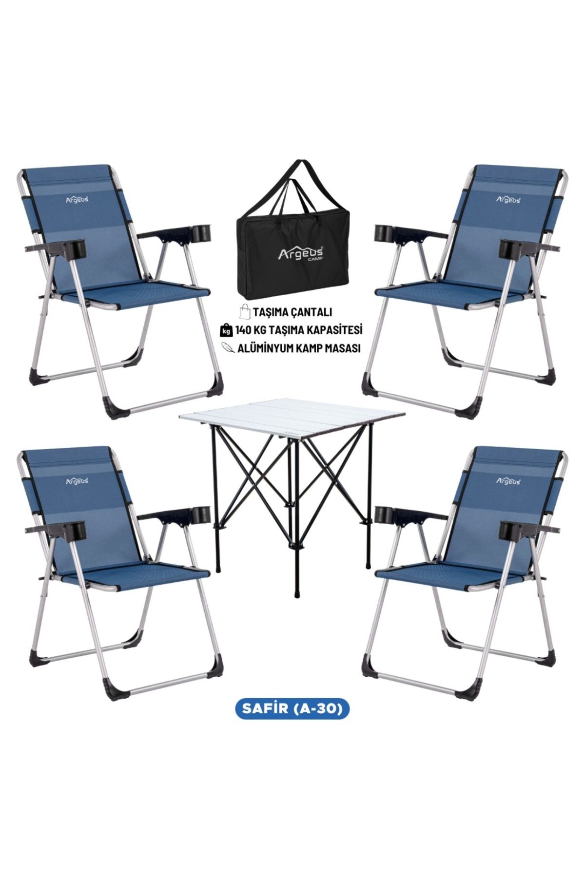 AtikCamp 4 Adet Katlanır Kamp Sandalyesi ve Alüminyum Masa Seti - Rock Silver - Safir - Taşıma Çantalı