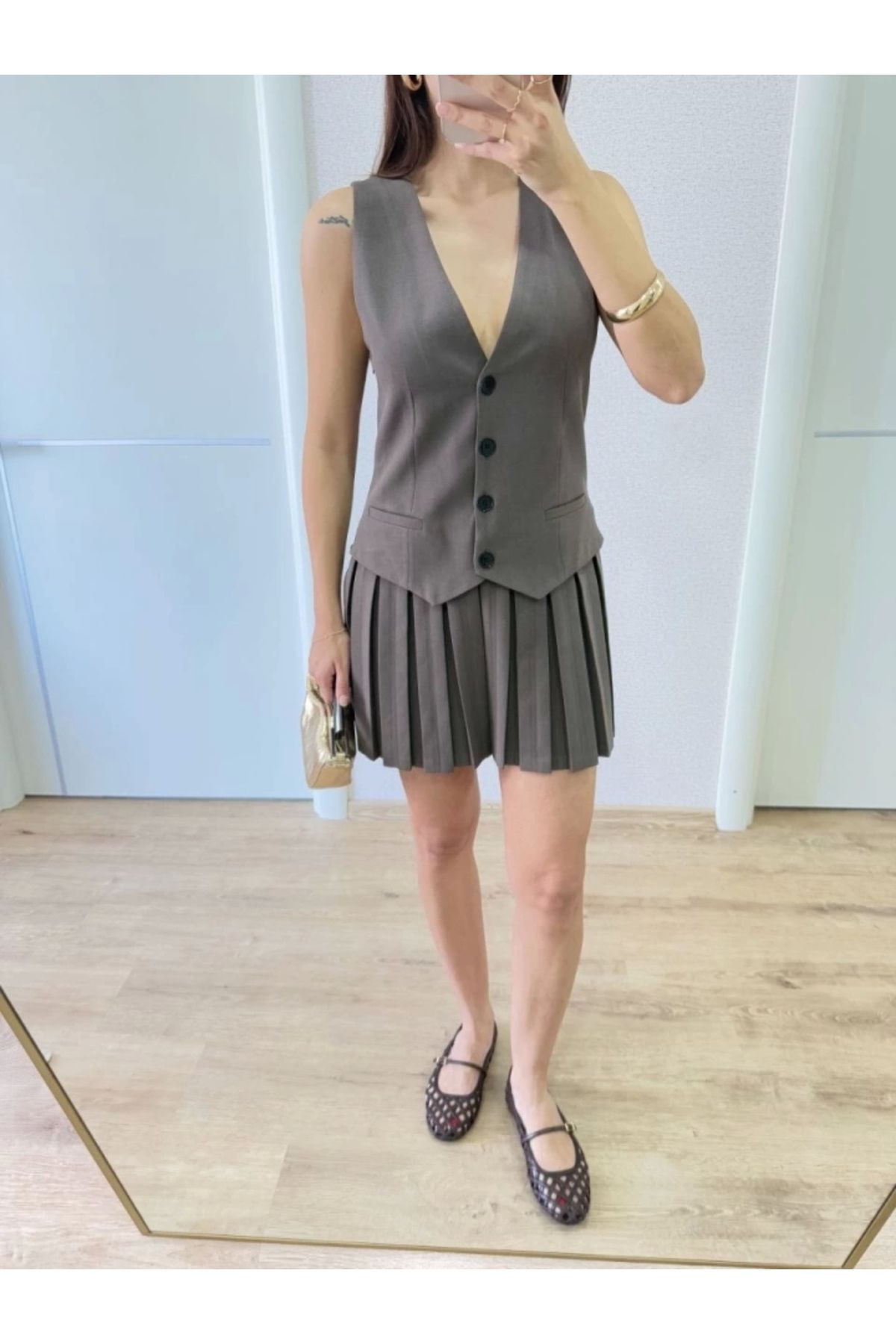Butik Takım Görünümlu Yelekli Mini Elbise- Füme