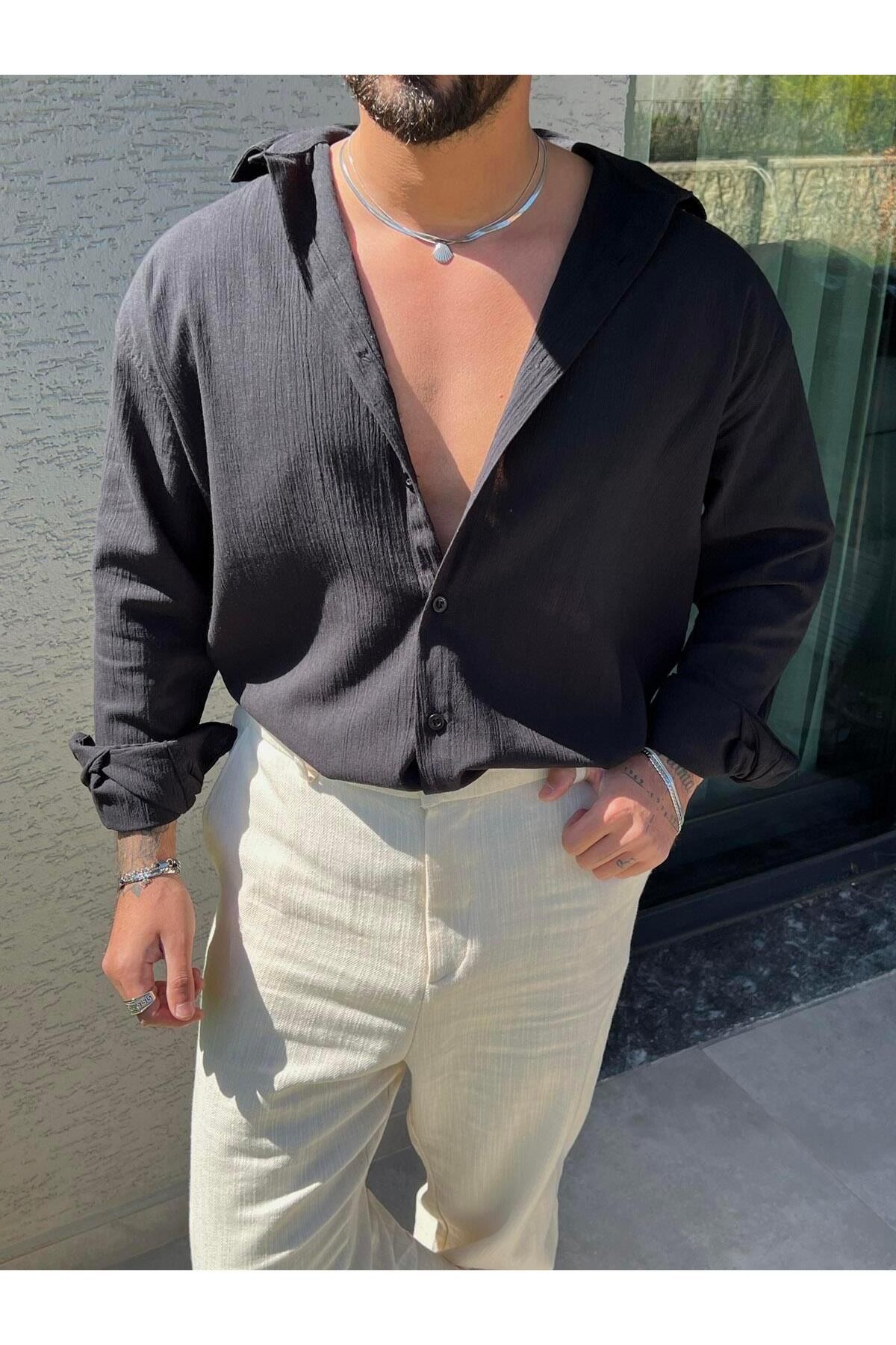 Elzem İnce Basic Keten Oversize Gömlek Siyah