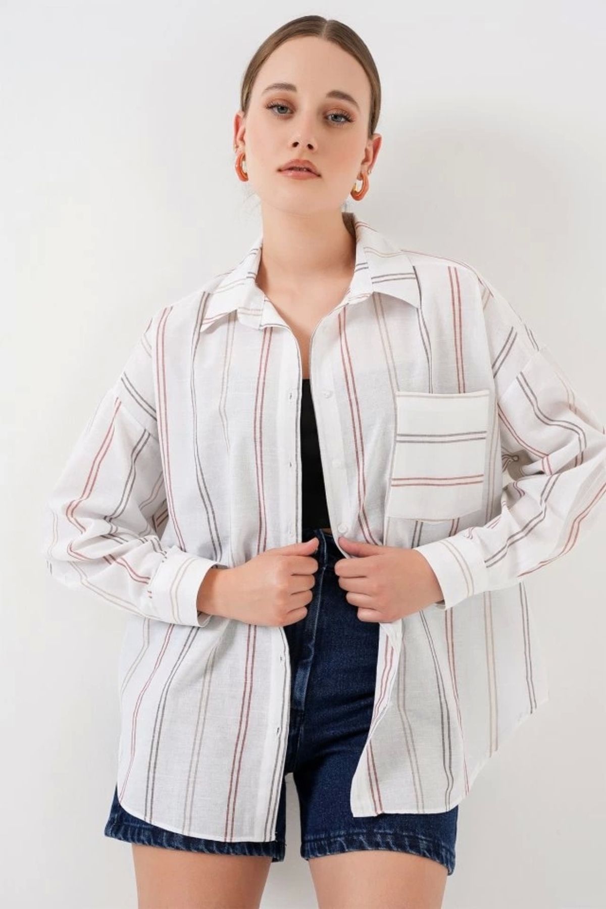 Butik Çizgili Oversize Gömlek 20278 - B.Beyaz