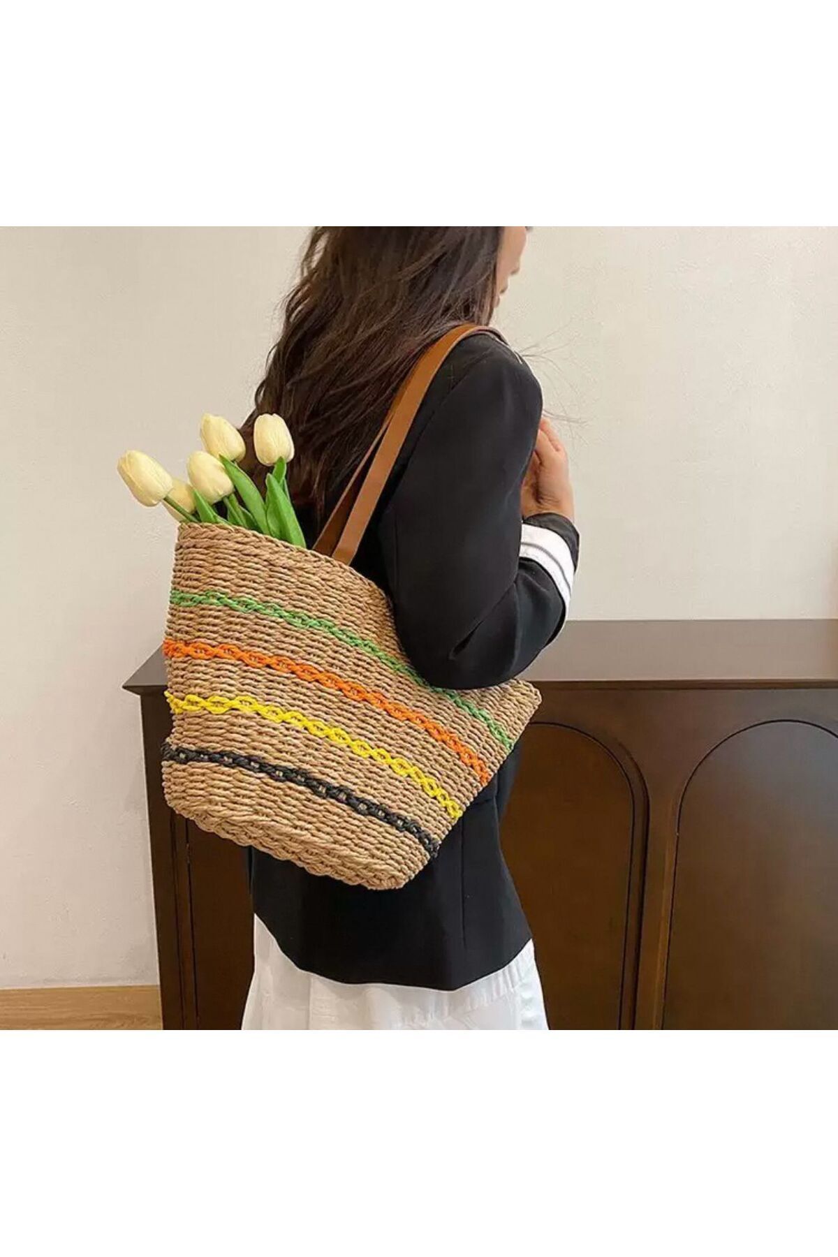 MARBERRY Camel Şeritli Hasır Kadın Çanta