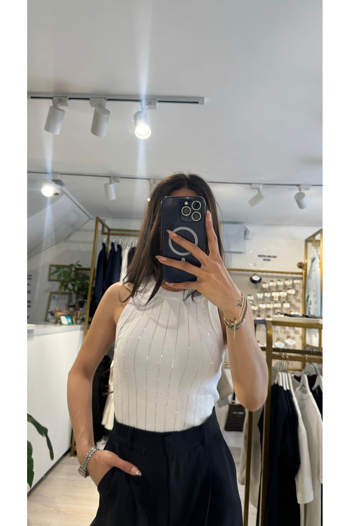 Boutique Mint Taşlı Beyaz Atlet