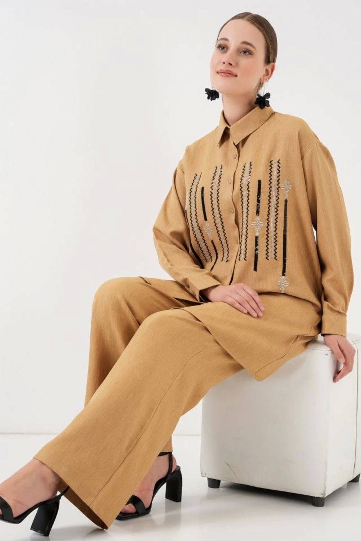 Butik Desenli Tunik Pantolon İkili Takım 6720 - Bisküvi