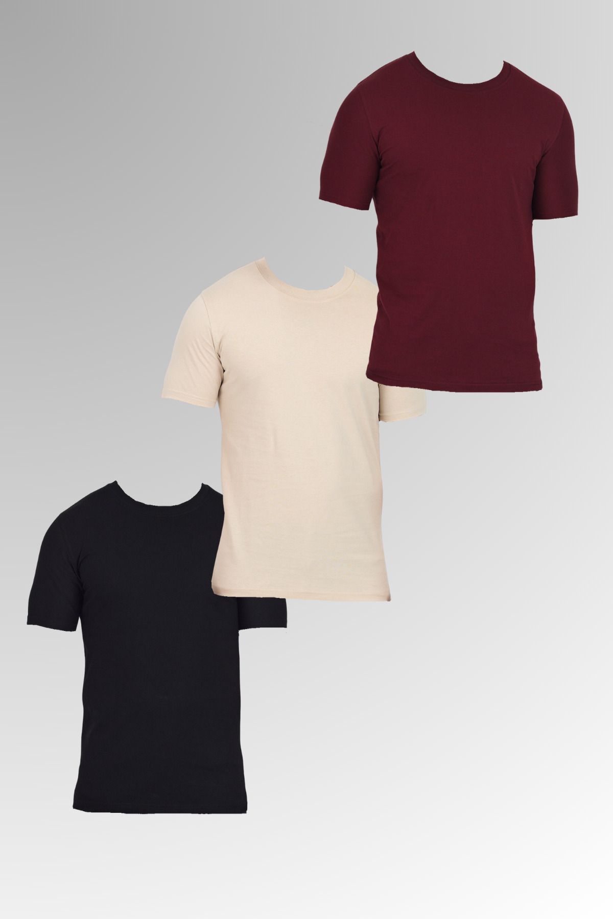 DAMGA JEANS Erkek Pamuklu Bisiklet Yaka Kısa Kollu Dar Yazlık Siyah - Krem - Bordo 3 Lü Basic Tişört Paketi