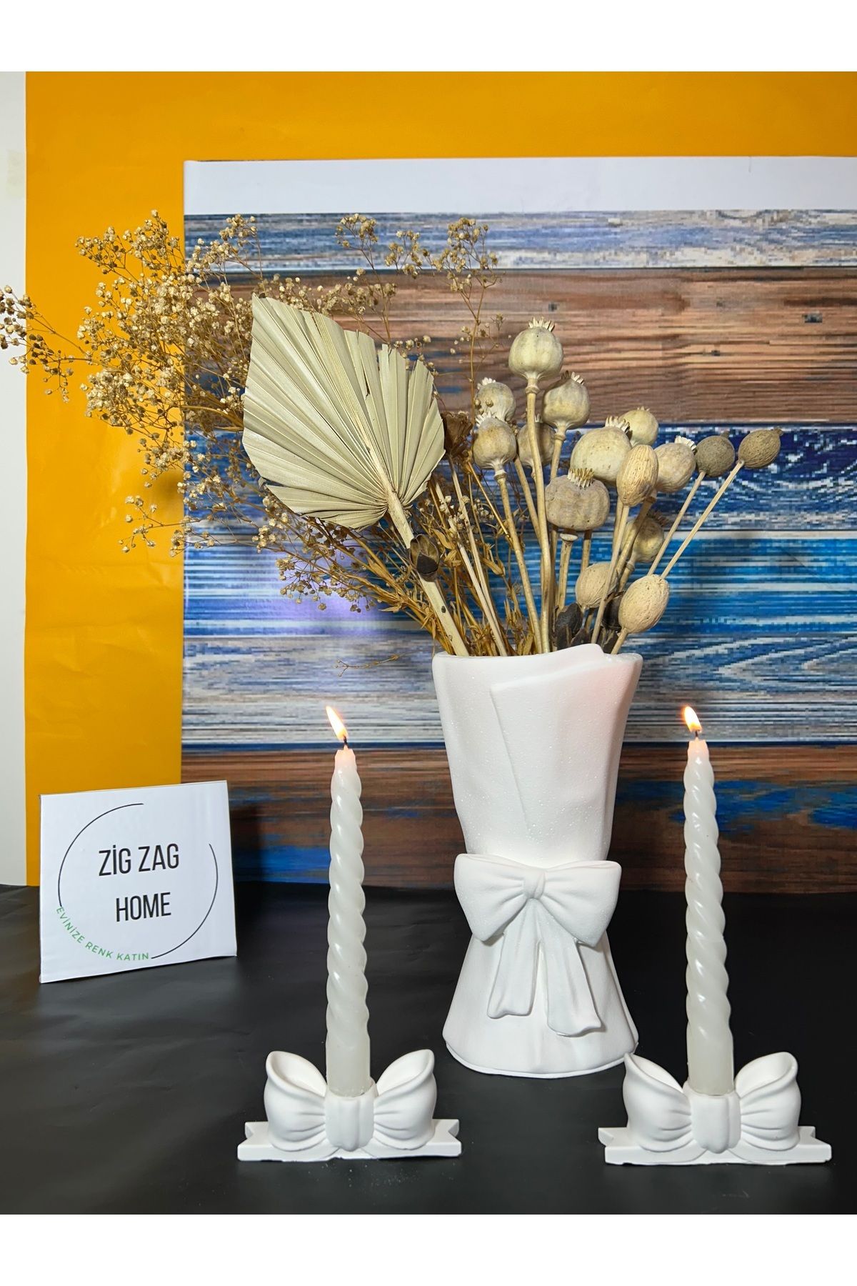 Zigzag Home Bohem Büyük Boy Fiyonk, Buket Vazo / 2’Adet Fiyonk , Kurdele Mumluk Hediyeli /Vazo ve Mumluk Takım