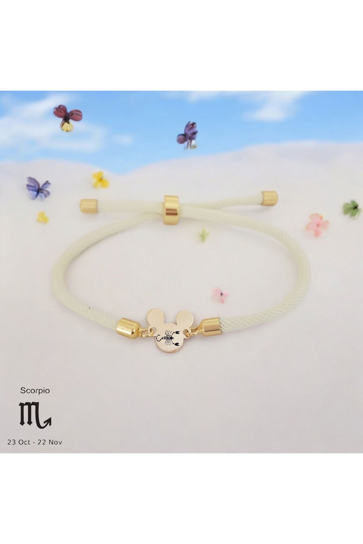 ARCHINO GOLD 14 Ayar Altın Plakalı Mickey Mouse Motifli Örgülü Bayanlara Akrep Burcu Bilekliği-430burç-beyaz