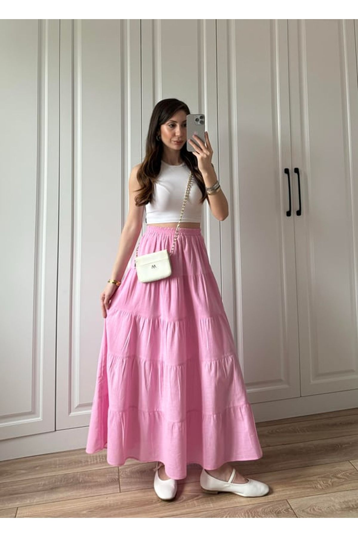 disponible Kadın Parçalı Model Popüler Beli Lastikli Uzun Müslin Etek