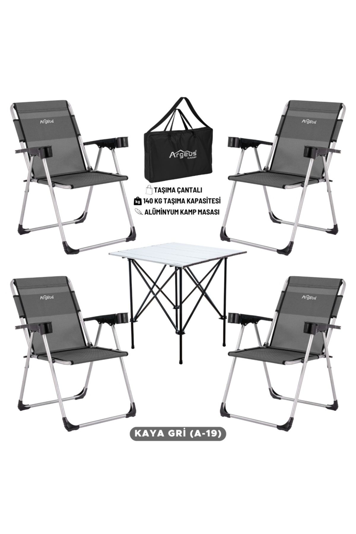 AtikCamp 4 Adet Katlanır Kamp Sandalyesi ve Alüminyum Masa Seti - Rock Silver - Kaya Gri - Taşıma Çantalı
