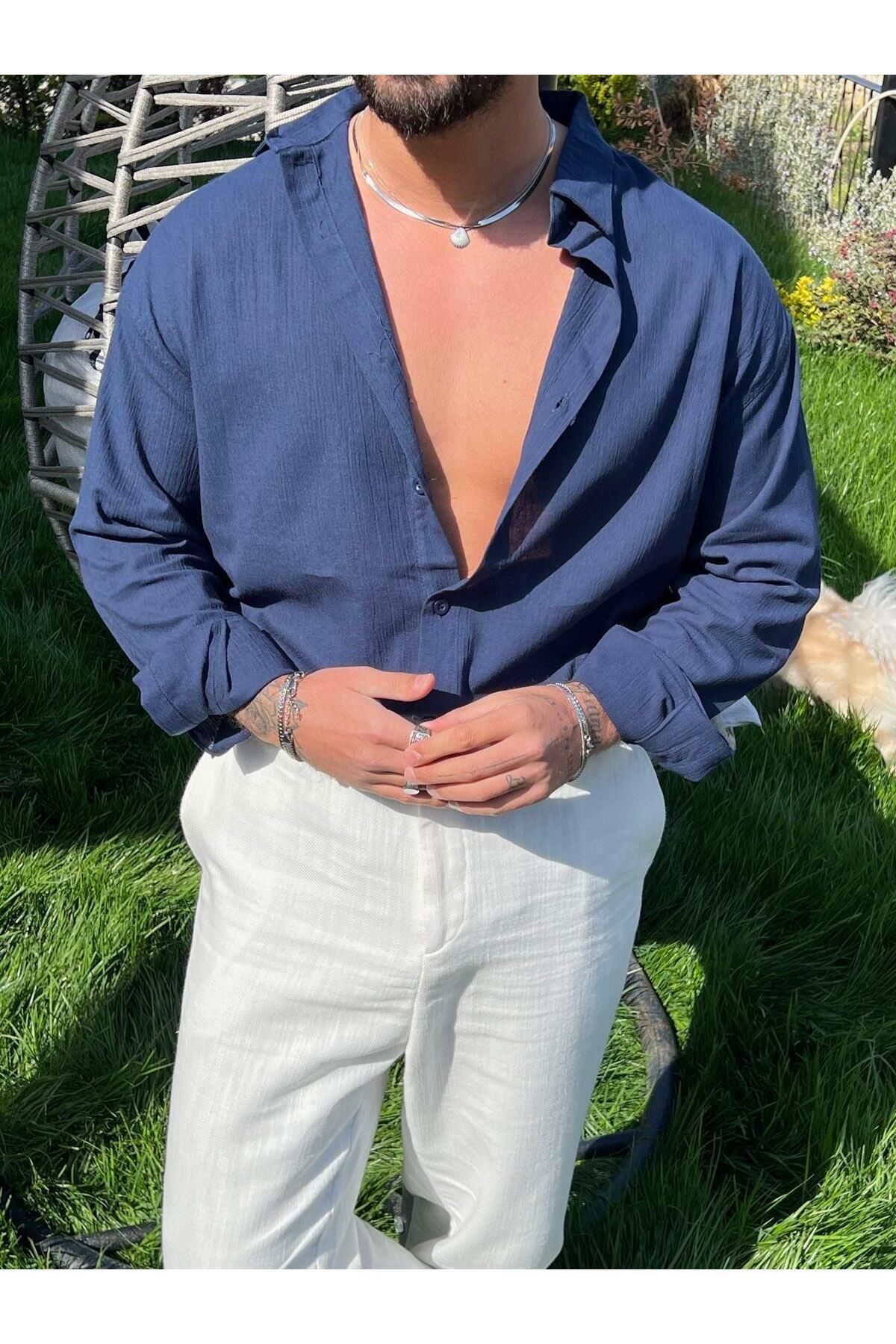 Elzem İnce Basic Keten Oversize Gömlek Lacivert