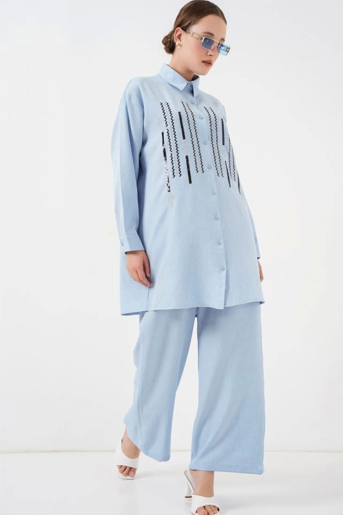 Butik Desenli Tunik Pantolon İkili Takım 6720 - Mavi