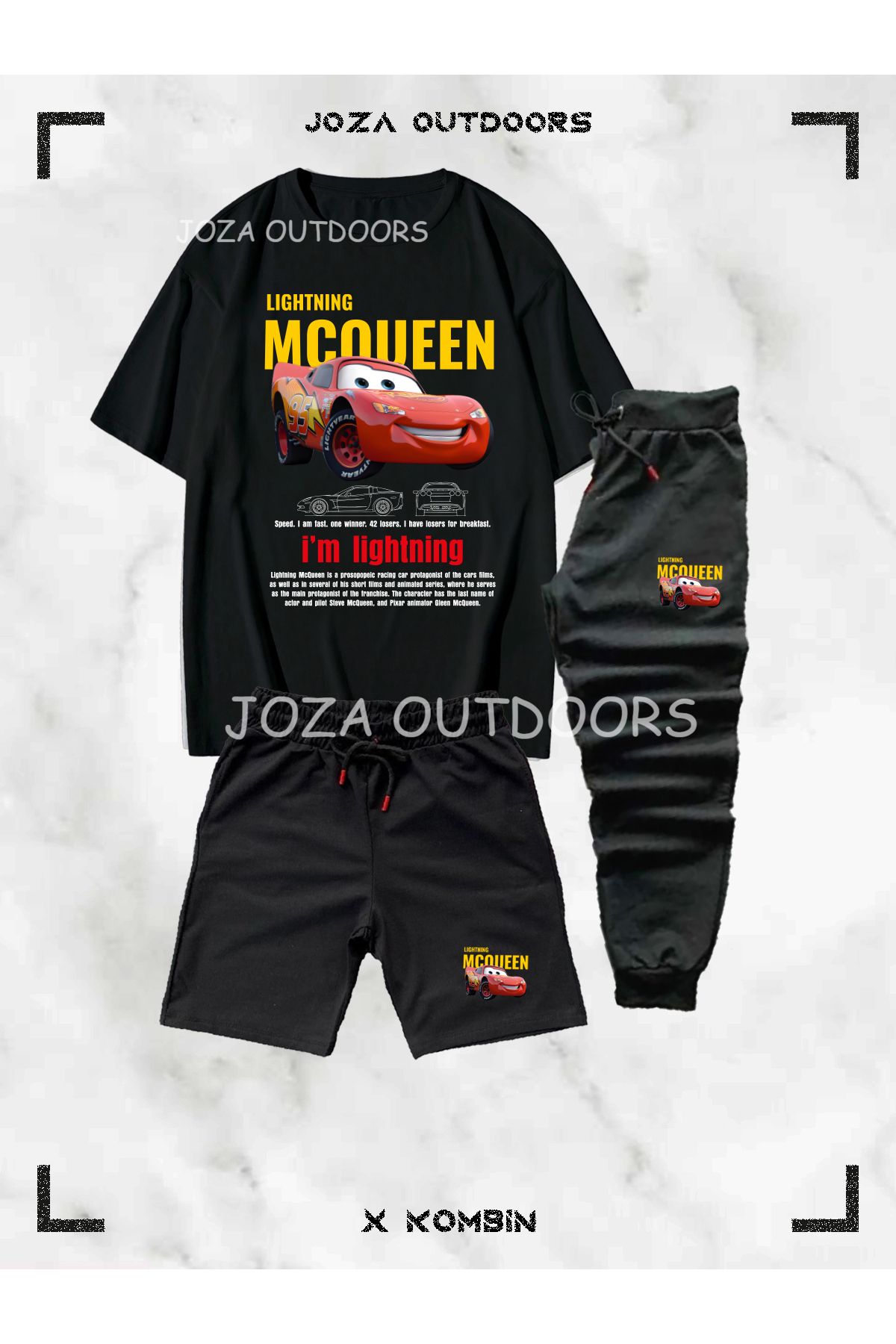 Jobia Outdoors Erkek Renkli Mcqueen Baskılı 3'lü Kombin Takım ( Oversize tişört-şort-eşofman Altı)