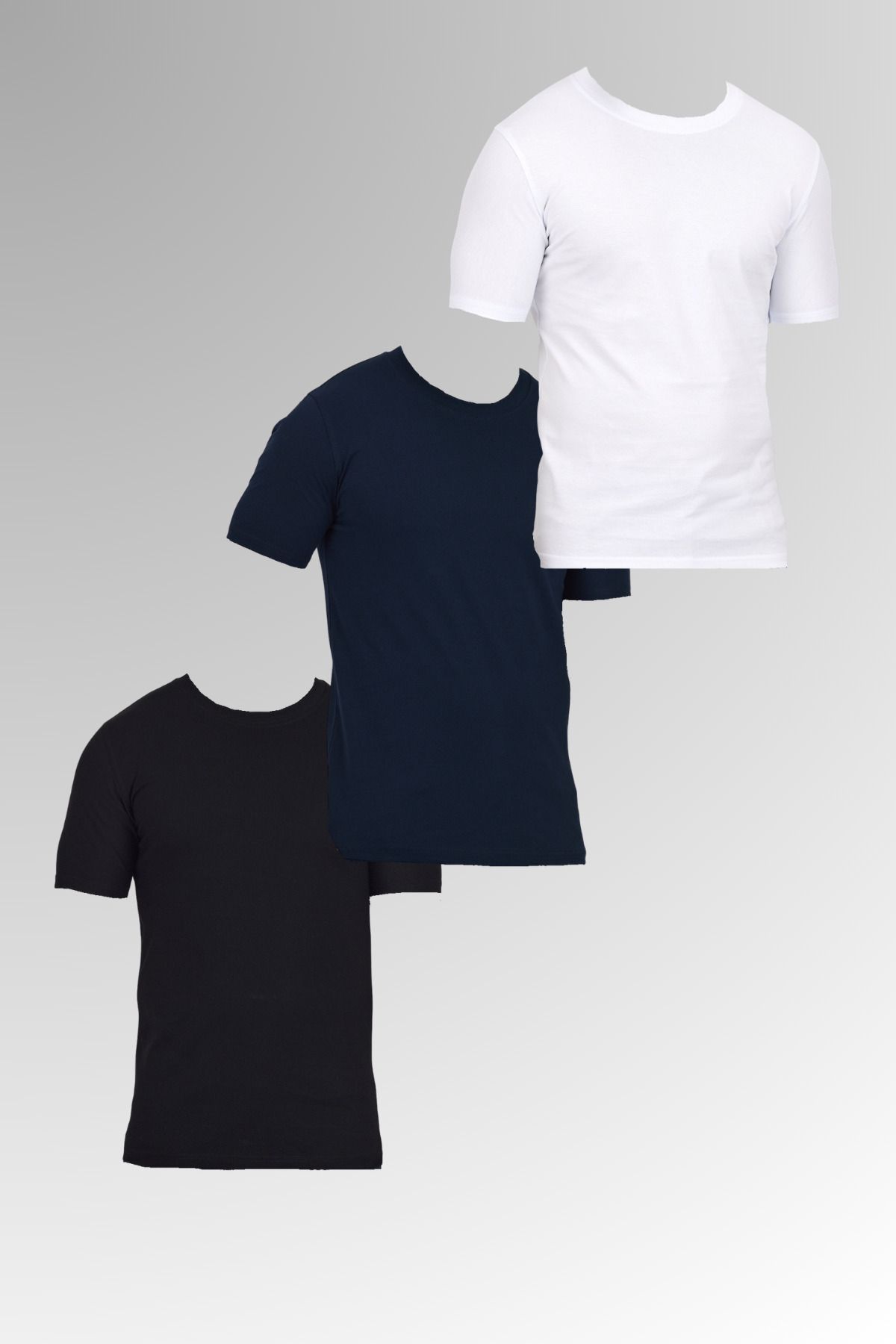 DAMGA JEANS Erkek Pamuklu Bisiklet Yaka Kısa Kollu Dar Yazlık Siyah - Lacivert - Beyaz 3 Lü Basic Tişört Paketi
