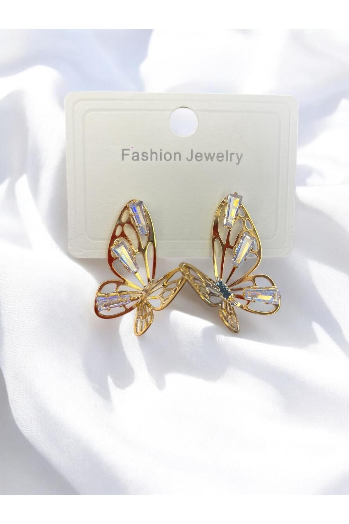 Tio Accessory Özel Seri Kaplama Zirkon Taşlı Kelebek Gold Altın Rengi Küpe