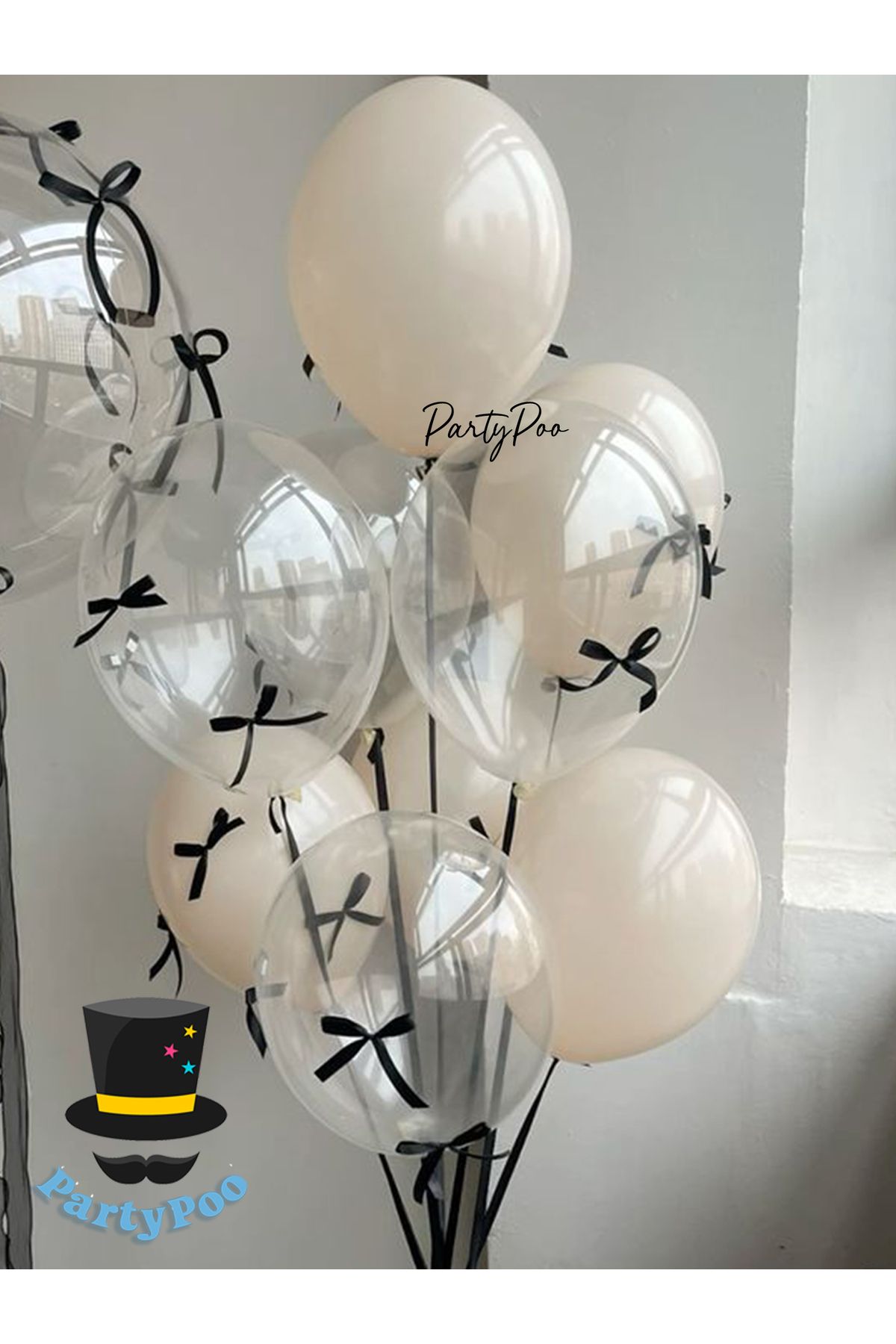 PartyPoo Siyah Fiyonk Kurdeleli Kum Beji-Şeffaf Balon Seti 10'lu Doğum Günü Parti Seti
