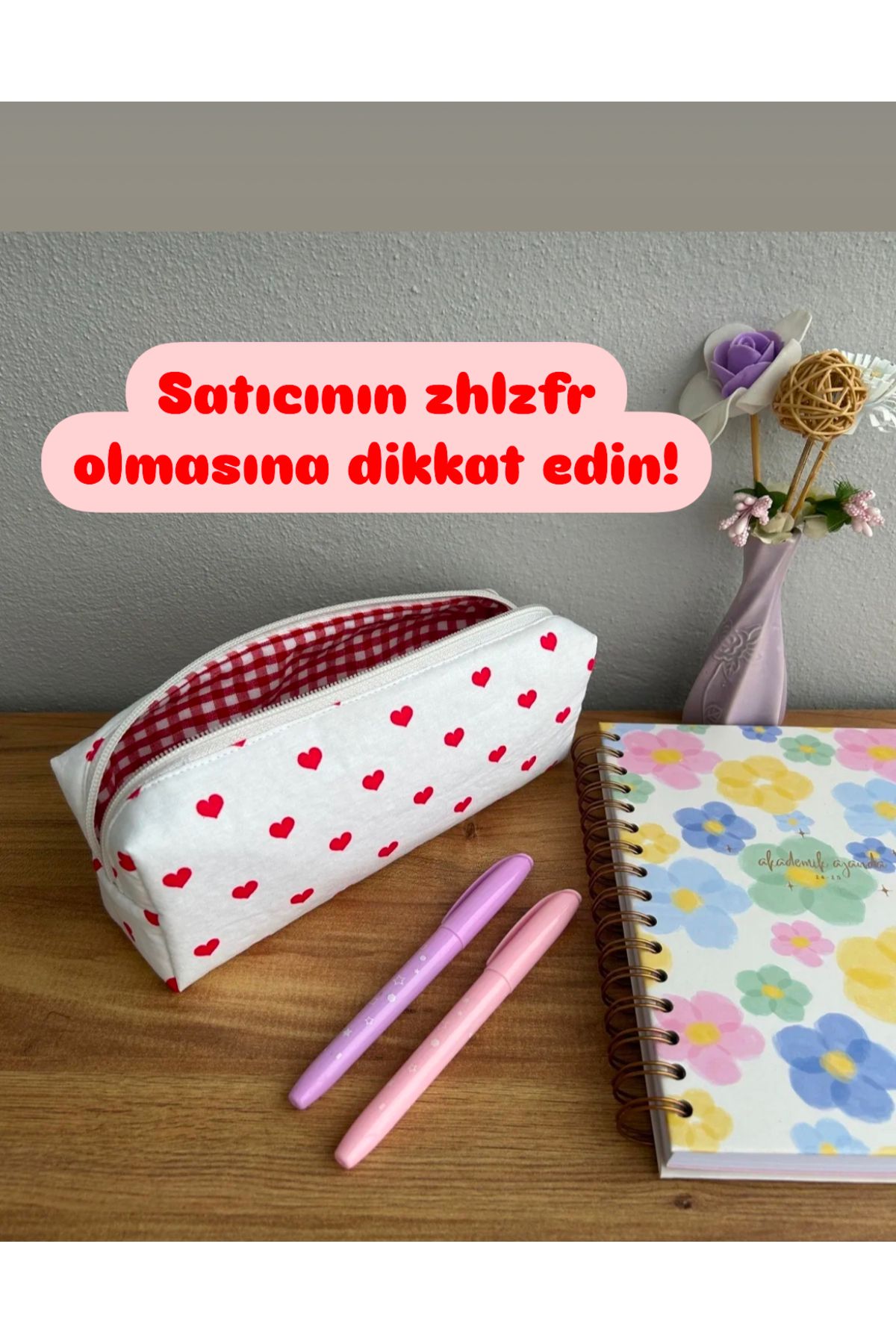 Mini Kalpli Kalemlik Boy Makyaj Çantası Ölçüleri(İÇ ASTAR KIRMIZI BEYAZ PÖTİKARELİ)