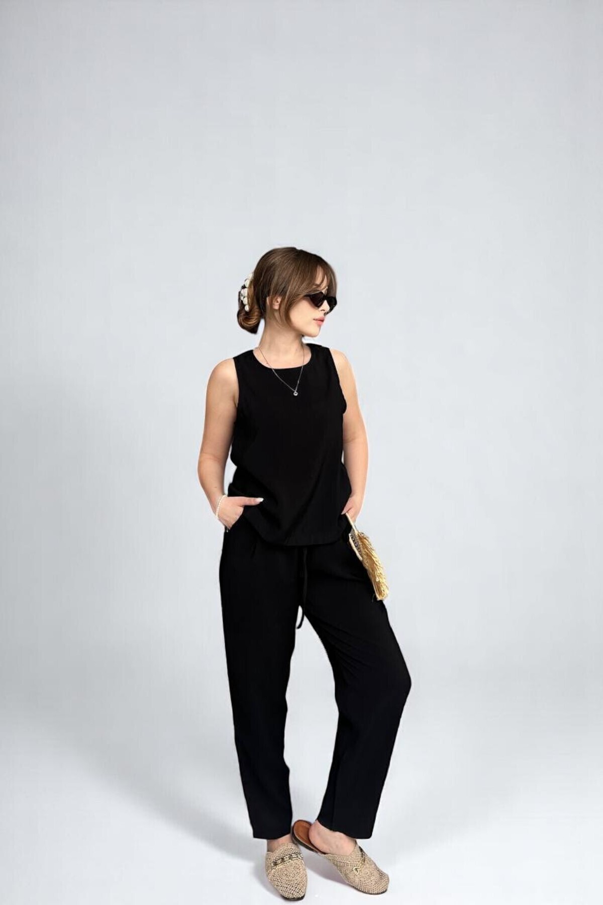 Cistern İstanbul-Women's Black Woven Modal Fabric Blouse and Pants Two-Piece Bottom Top Set 6