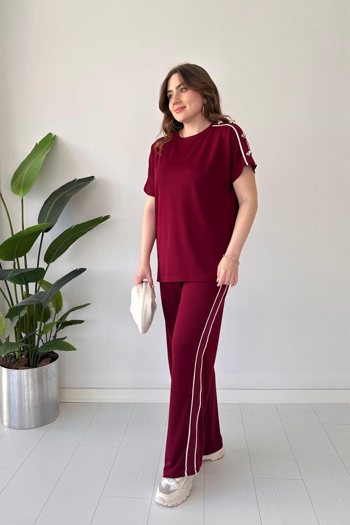 MaziButik Omuz Düğmeli İkili Takım Bordo