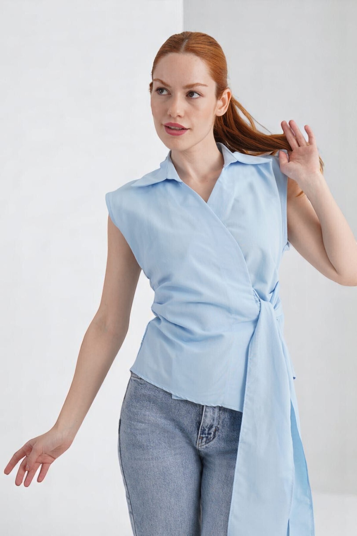 Cistern İstanbul-Women's Blue Collar Side Tie Detailed Sleeveless Poplin Woven Fabric Shirt 6