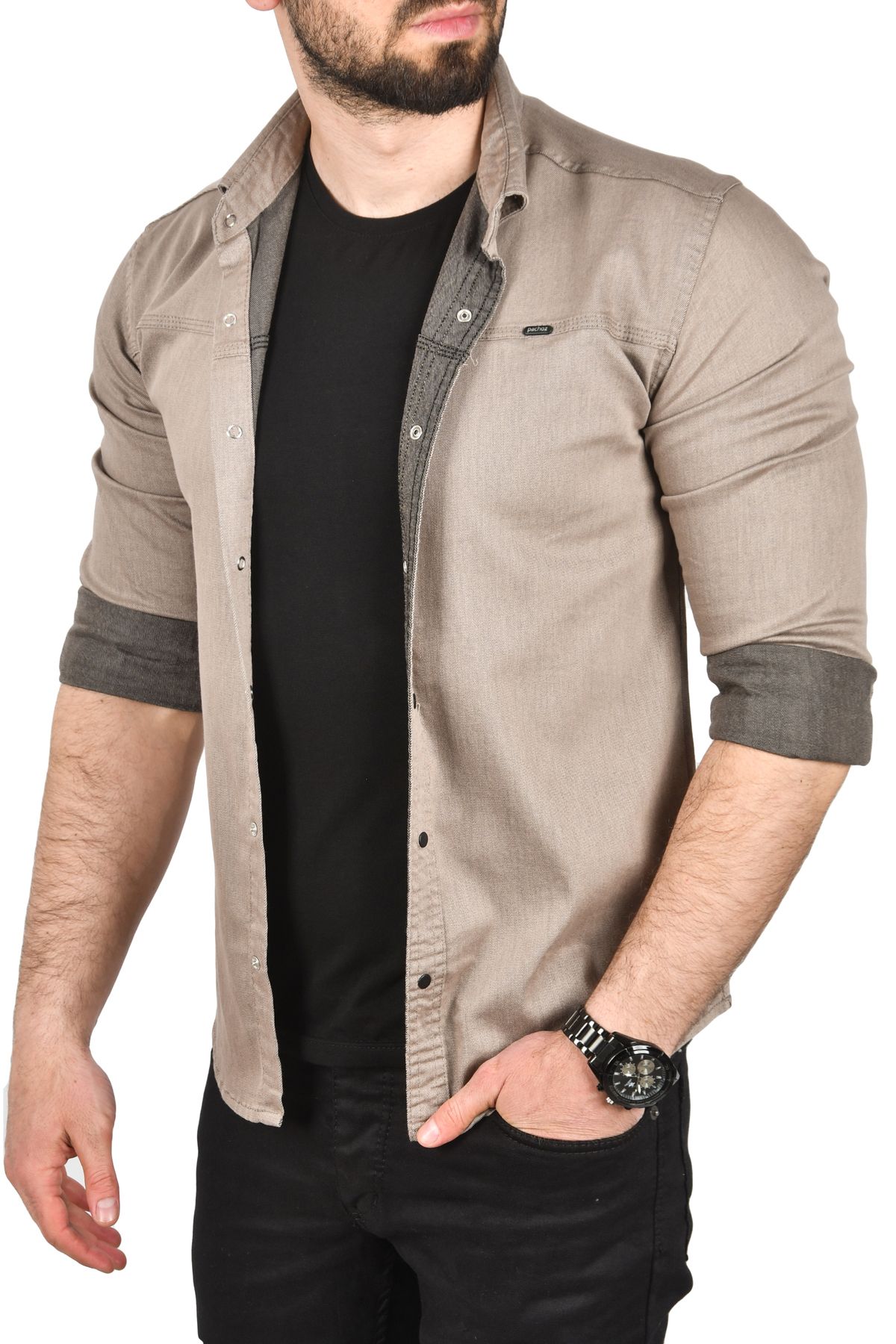 Rizz up Erkek Vizon Slim Fit Pamuklu Kot Gömlek Kolay Ütülenebilir Çıt Çıtlı Likralı Spor Gömlek 2502504