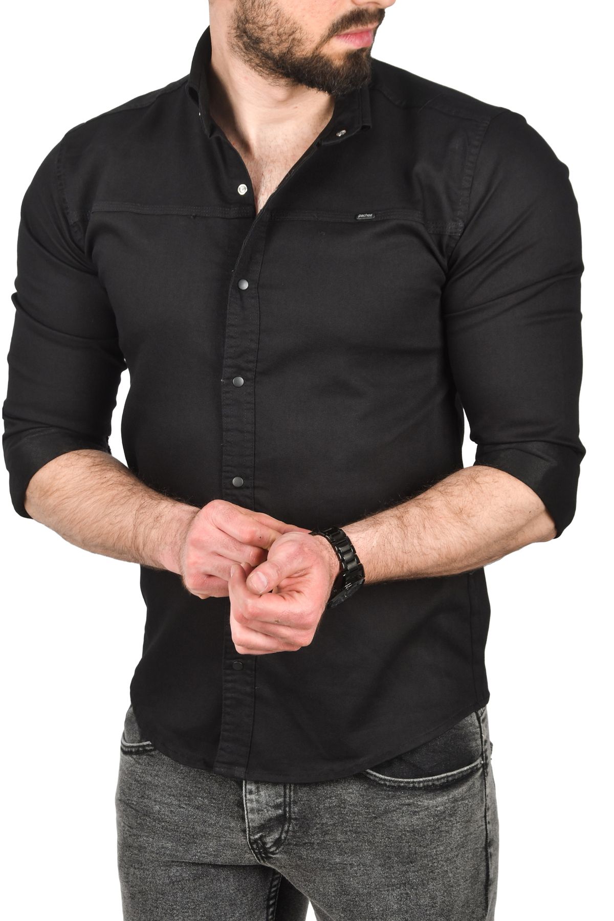 Rizz up Erkek Siyah Slim Fit Pamuklu Kot Gömlek Kolay Ütülenebilir Çıt Çıtlı Likralı Spor Gömlek 2502504