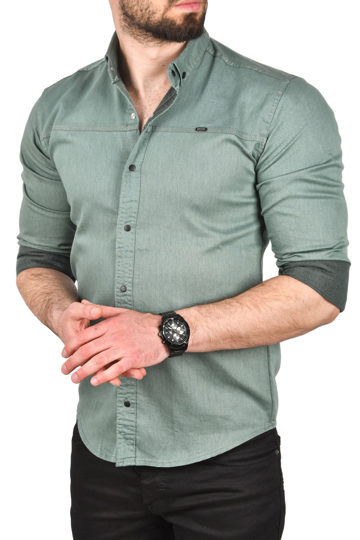 Rizz up Erkek Yeşil Slim Fit Pamuklu Kot Gömlek Kolay Ütülenebilir Çıt Çıtlı Likralı Spor Gömlek 2502504
