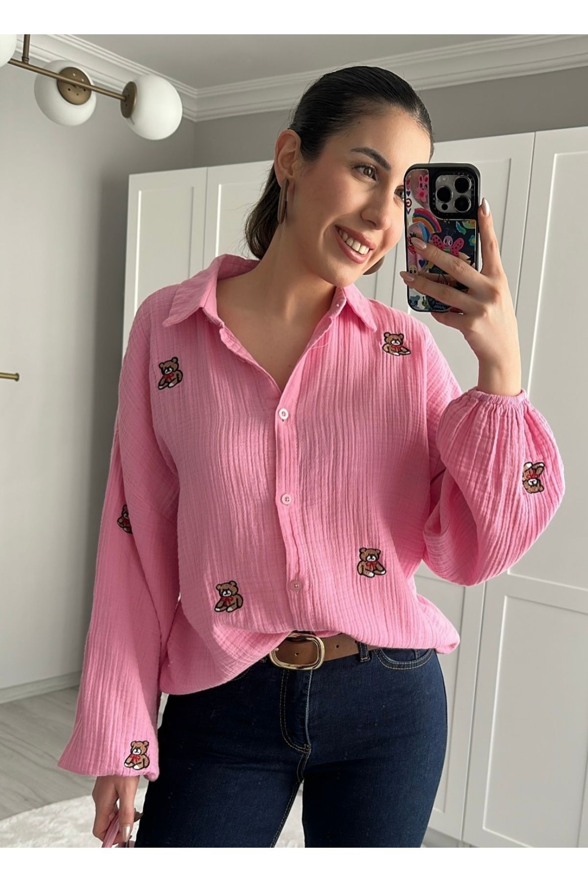 disponible Pembe Ayıcıklı Müslin Kadın Oversize Gömlek
