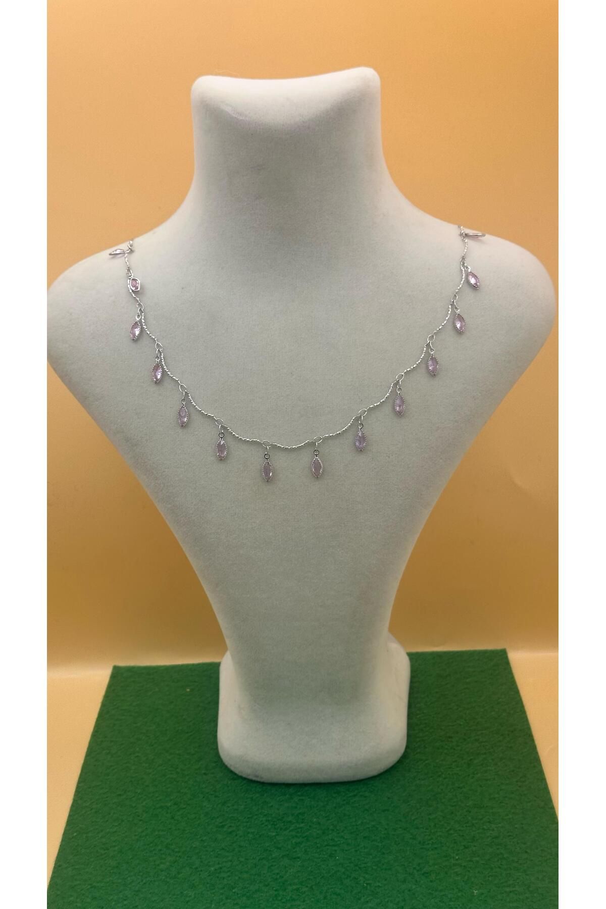 Gül Accessory Damla Model Pembe Zirkon Taşlı Kolye 45 CM