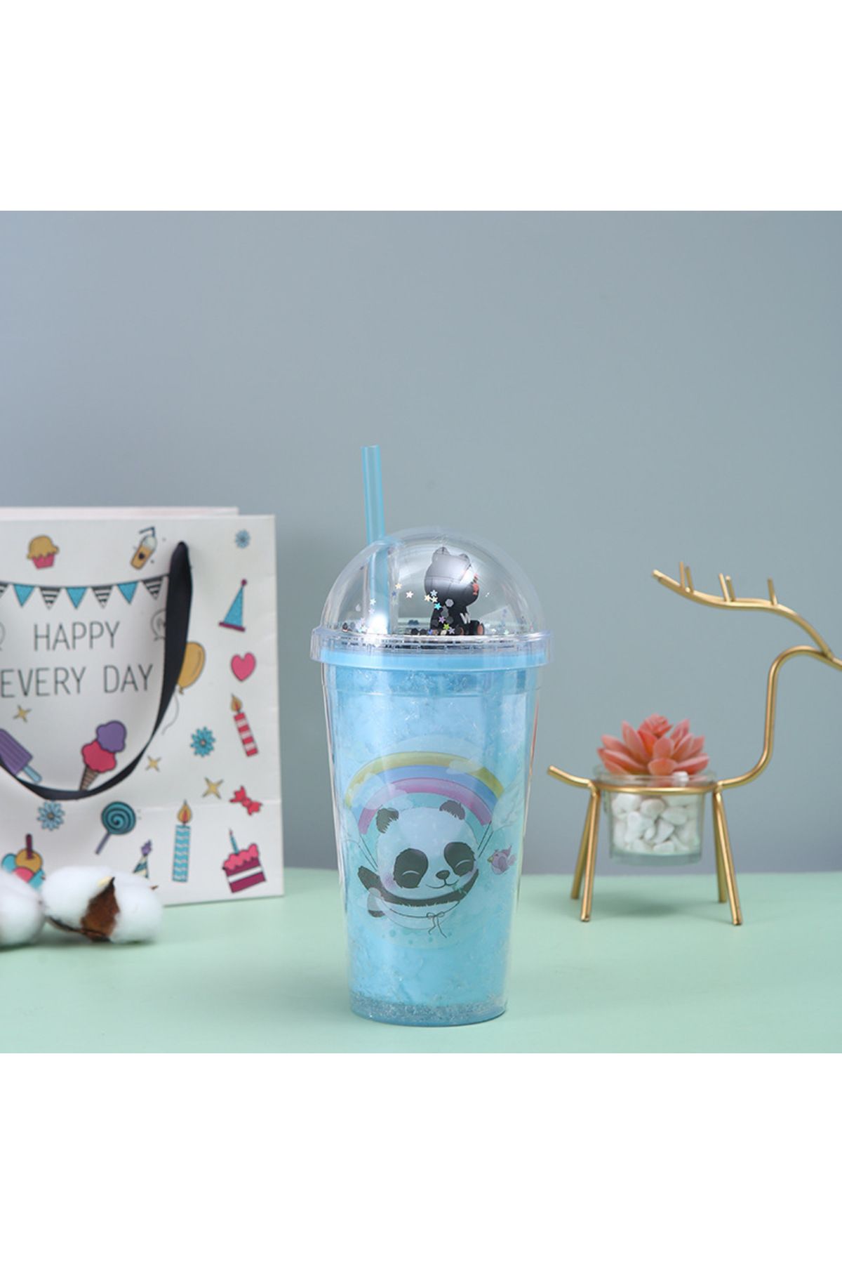 Livava Panda Işıklı ve Pipetli Bardak, 450 ml, Buzlu ve Kapaklı, Mavi, 20x8