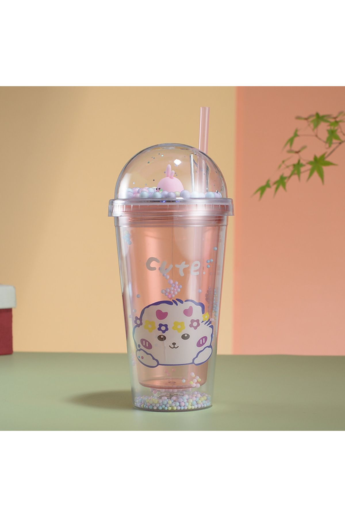 Livava Desenli Işıklı ve Pipetli Bardak, 450 ml, Boncuklu ve Kapaklı, Pembe, 20x8