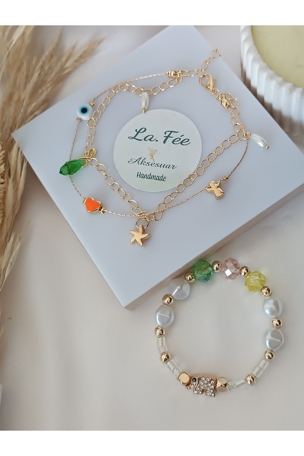 La fee aksesuar 3 lü set bileklik - halhal set fil & kalp & melek & inci & nazar boncuklu & zirkon taşlı