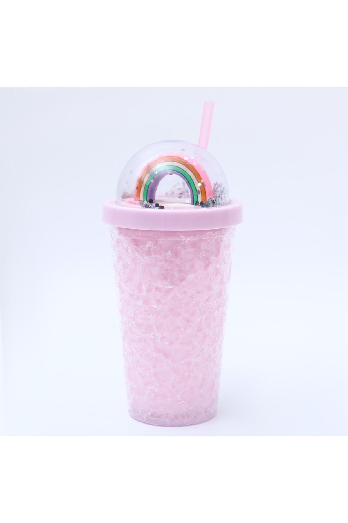 Livava Gökkuşağı Işıklı ve Pipetli Bardak, 450 ml, Buzlu ve Kapaklı, Pembe, 20x8