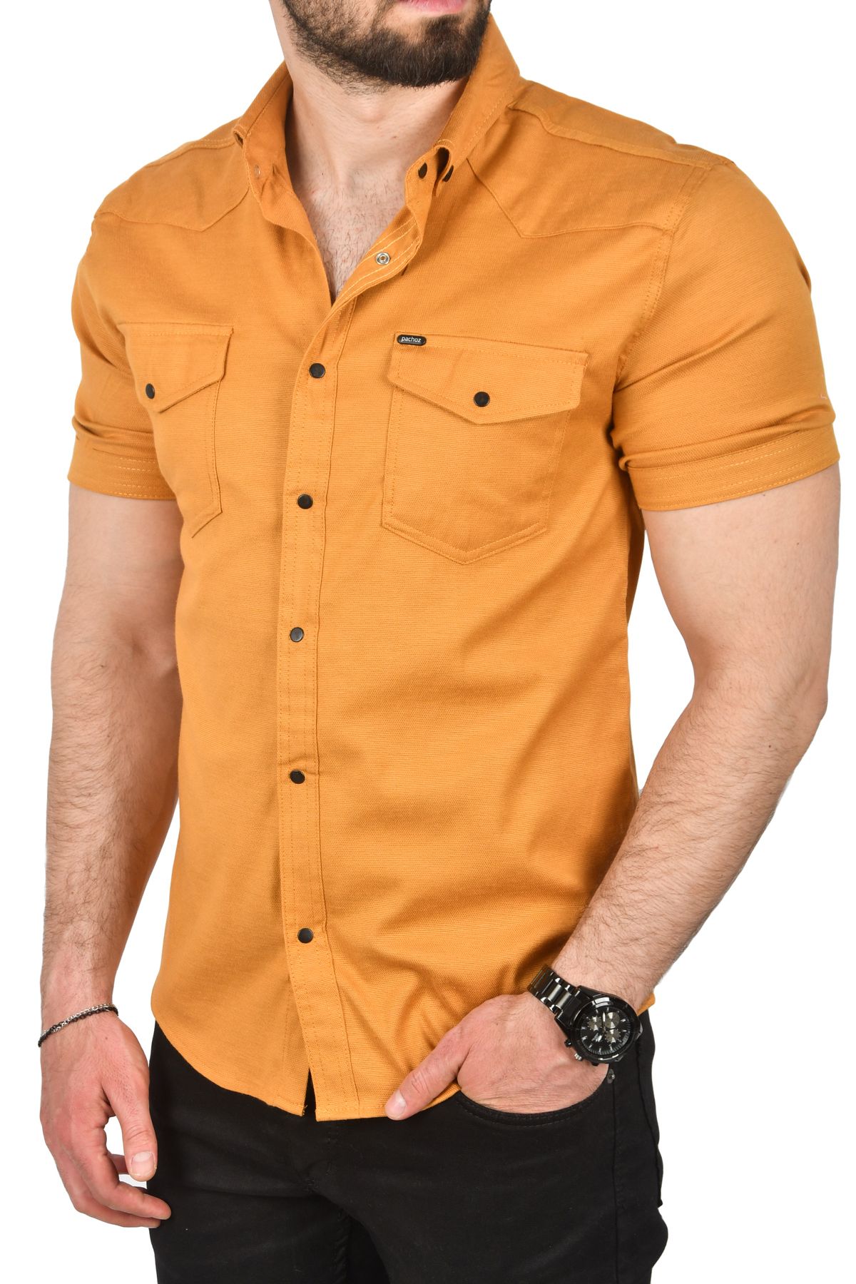 DeepSEA Erkek Hardal Sarısı Slim Fit Pamuklu Likralı Kısa Kol Gömlek Kolay Ütülenebilir Çıt Çıtlı Cepli Spor
