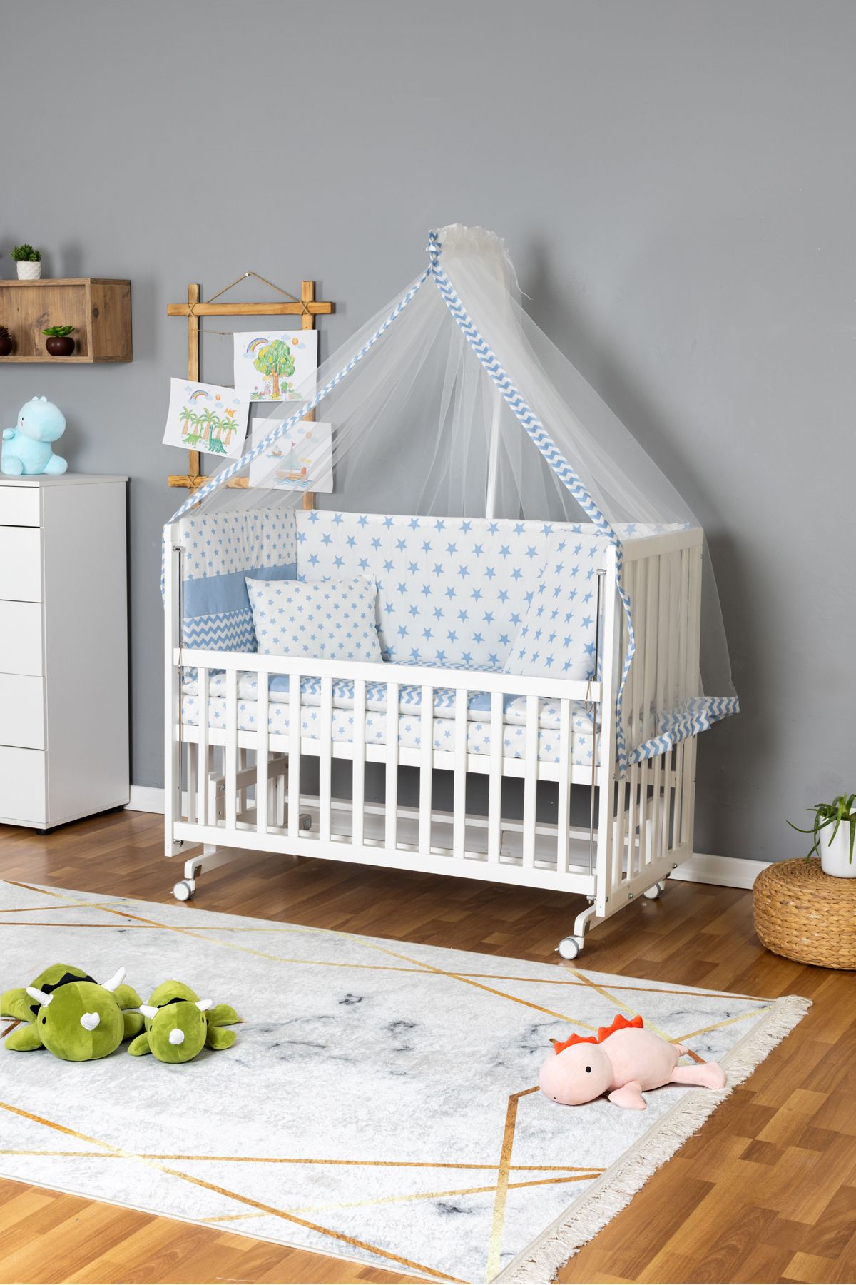 Bamgidoo Ahşap Beşik Anne Yanı Bebek Beşiği 70x130 - Mavi Yıldız 1 Yastıklı Uyku Seti Yataklı Tekerlekli