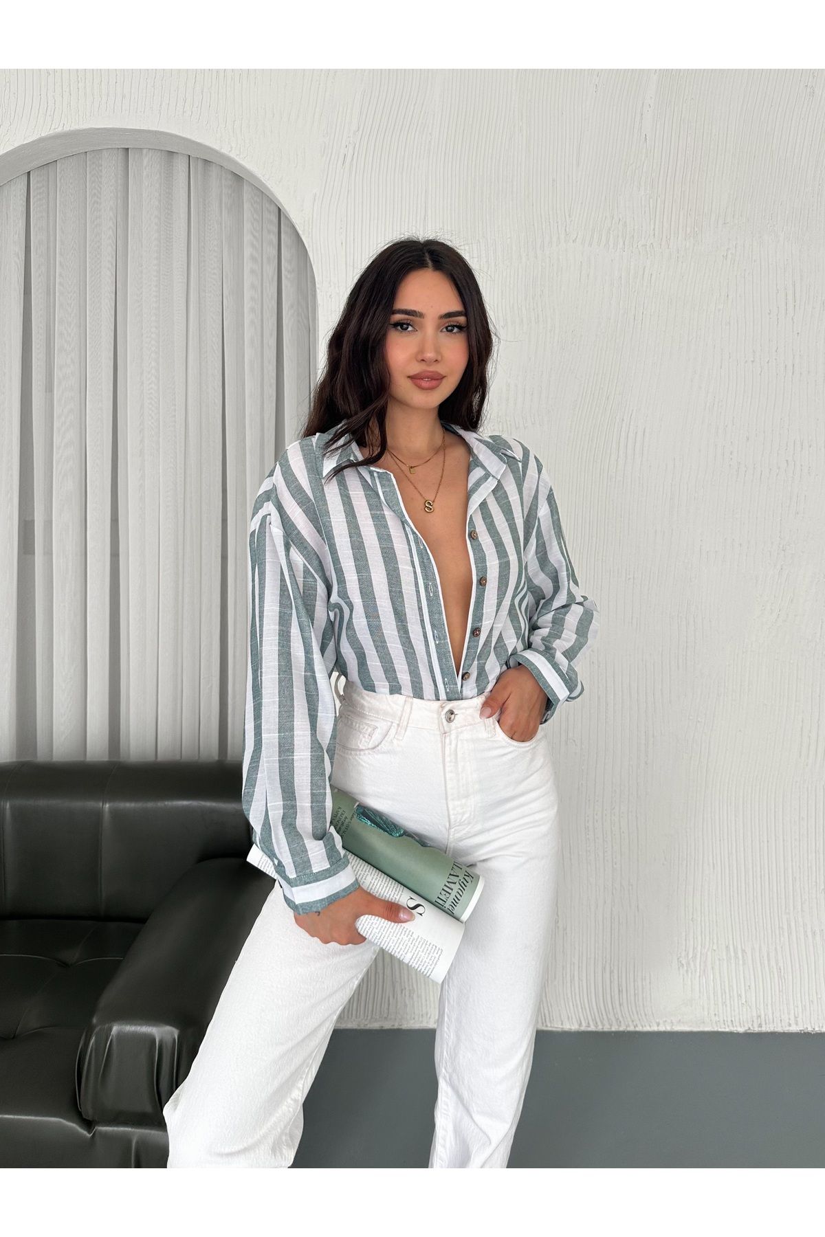 SBL COLLECTION Kadın Pamuk Çizgili Spor Gömlek