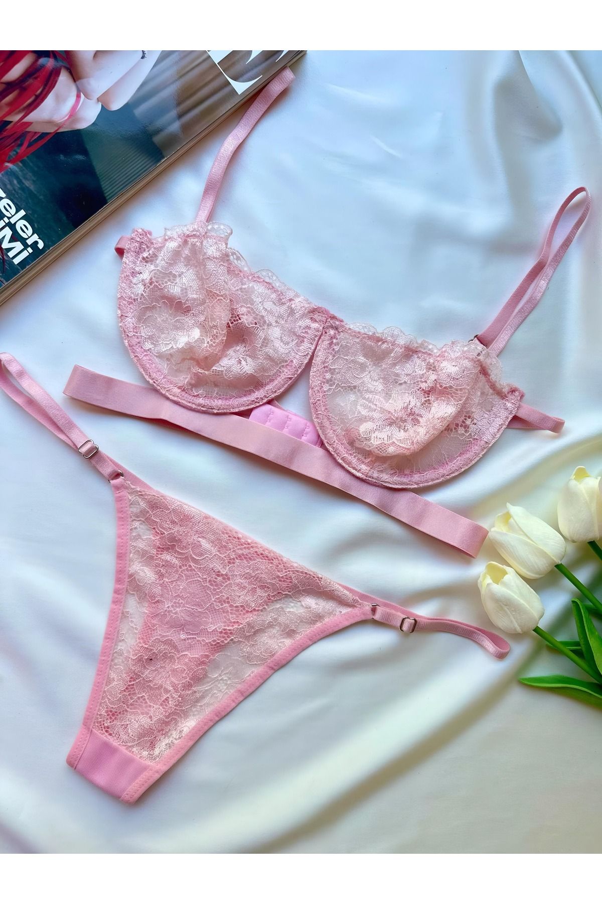 EMOŞ Victoria Kadın Pudra Balenli Dantelli Tül Bralet Sütyen Takımı Iç Çamaşır Takımı
