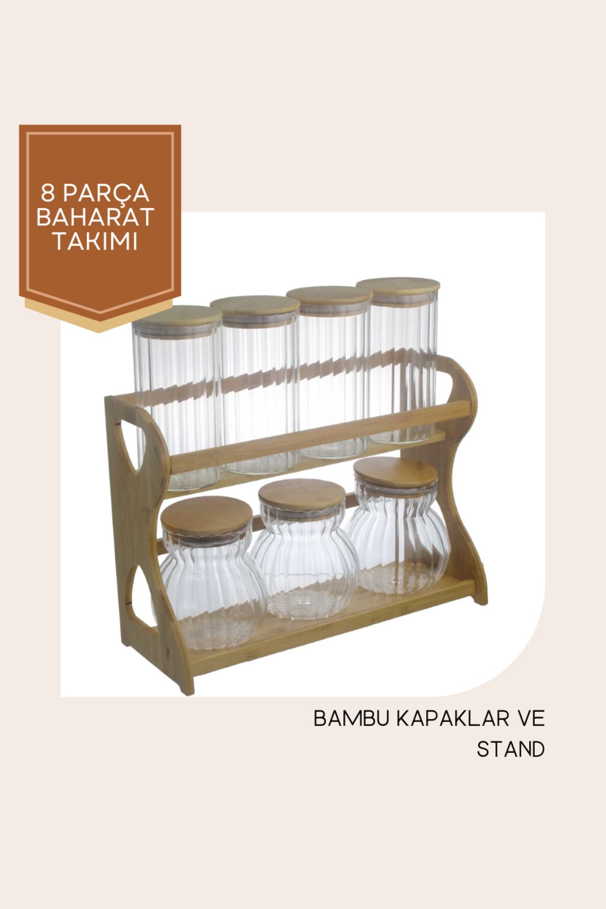 Hanedanev Dilimli Cam Bambu Vakum Kapaklı Cam Baharatlık Bambu Standlı 8 Parça Baharatlık