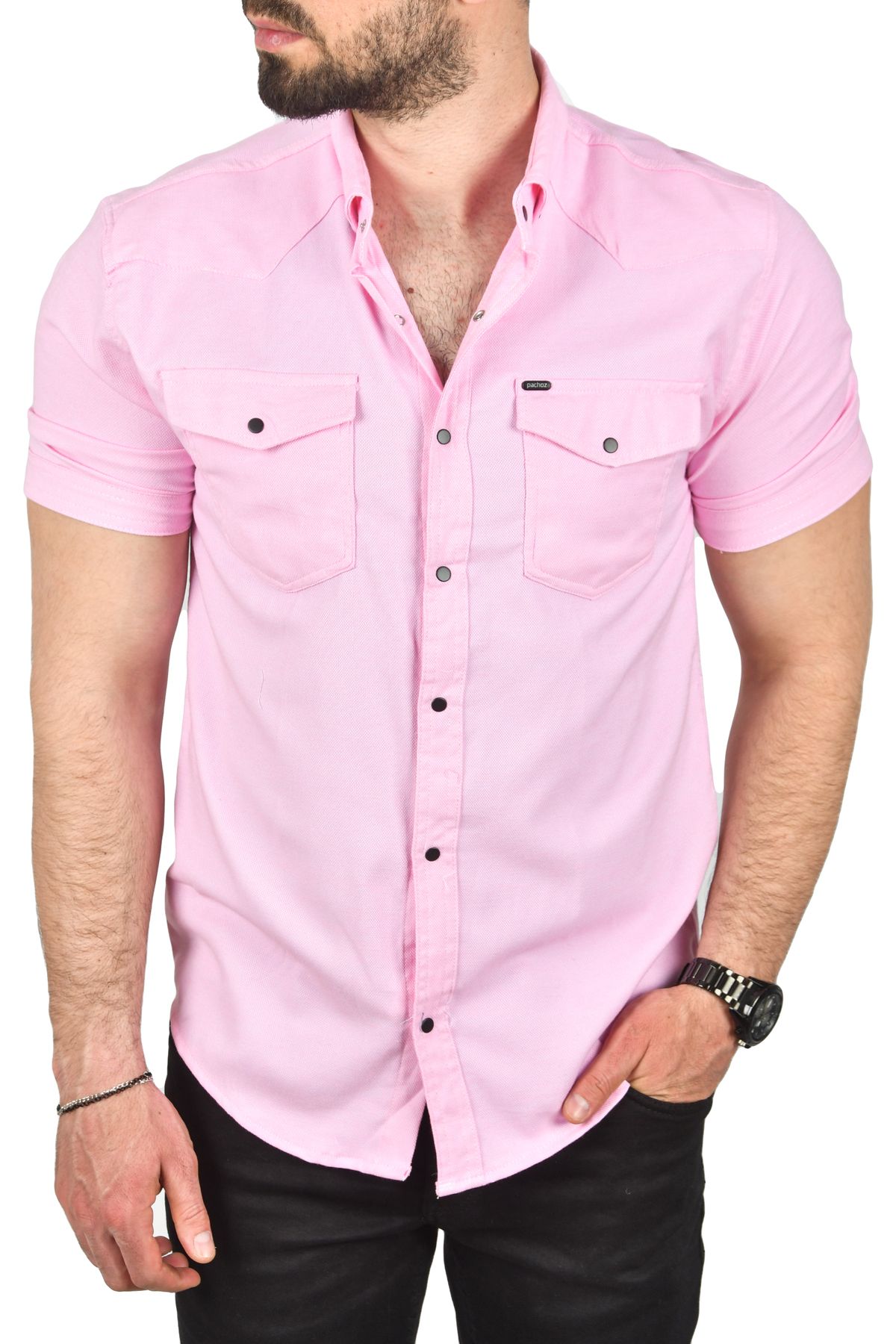 DeepSEA Erkek Pembe Slim Fit Pamuklu Likralı Kısa Kol Gömlek Kolay Ütülenebilir Çıt Çıtlı Cepli Spor Gömlek