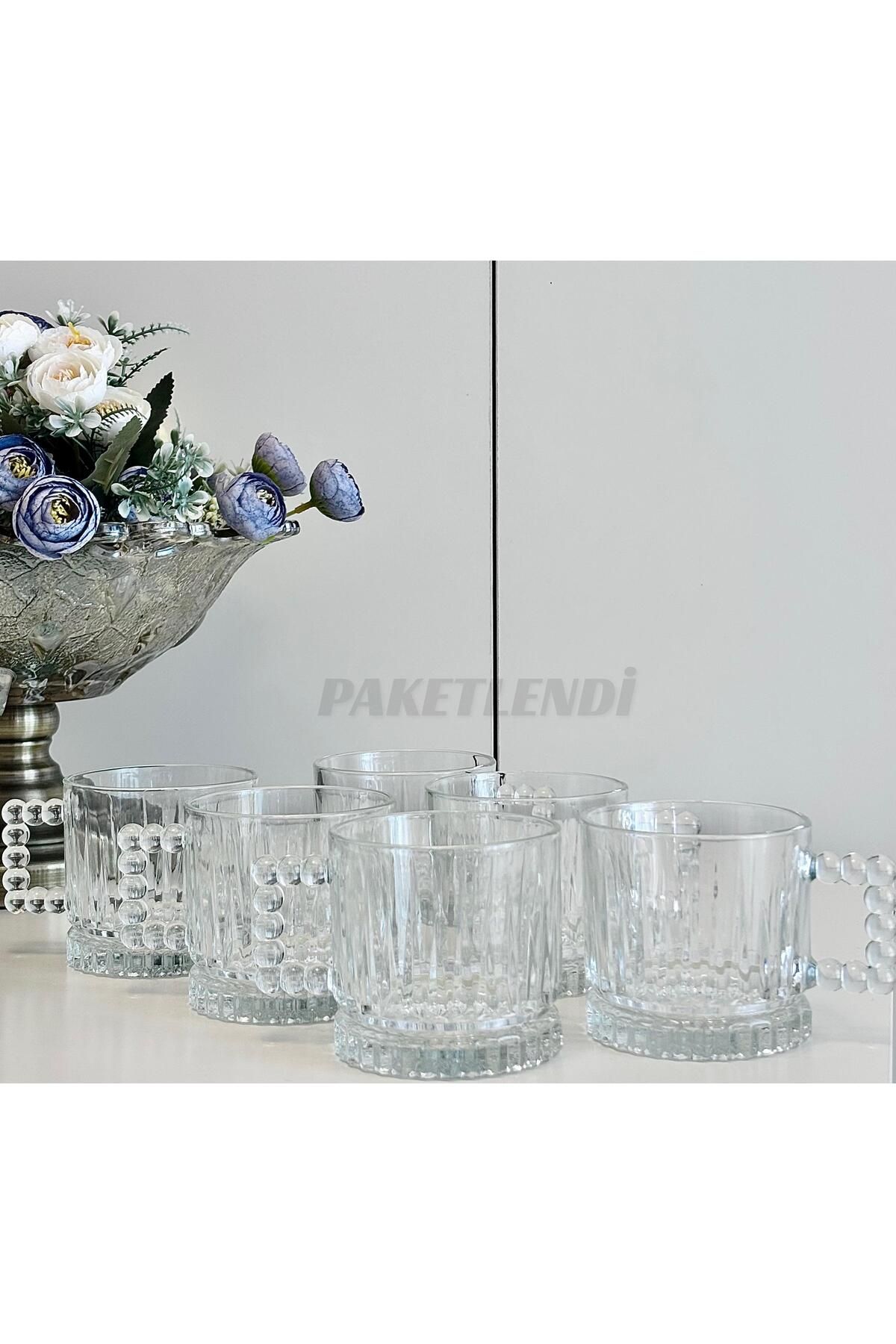 PAKETLENDİ 6 Lı Boncuk Kulplu Cam Kupa ,boncuklu Cam Kupa, Espresso Meşrubat Bardağı Elysia