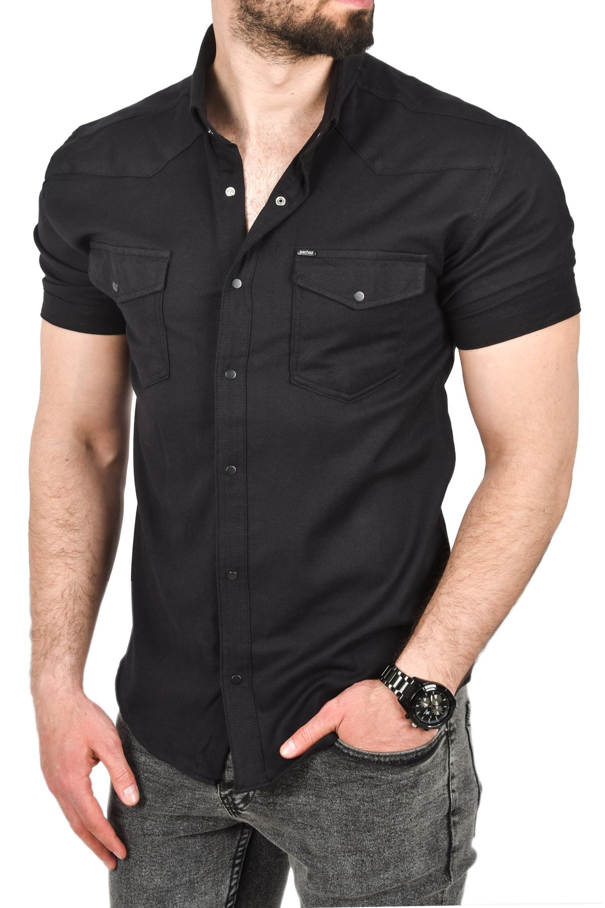 DeepSEA Erkek Siyah Slim Fit Pamuklu Likralı Kısa Kol Gömlek Kolay Ütülenebilir Çıt Çıtlı Cepli Spor Gömlek