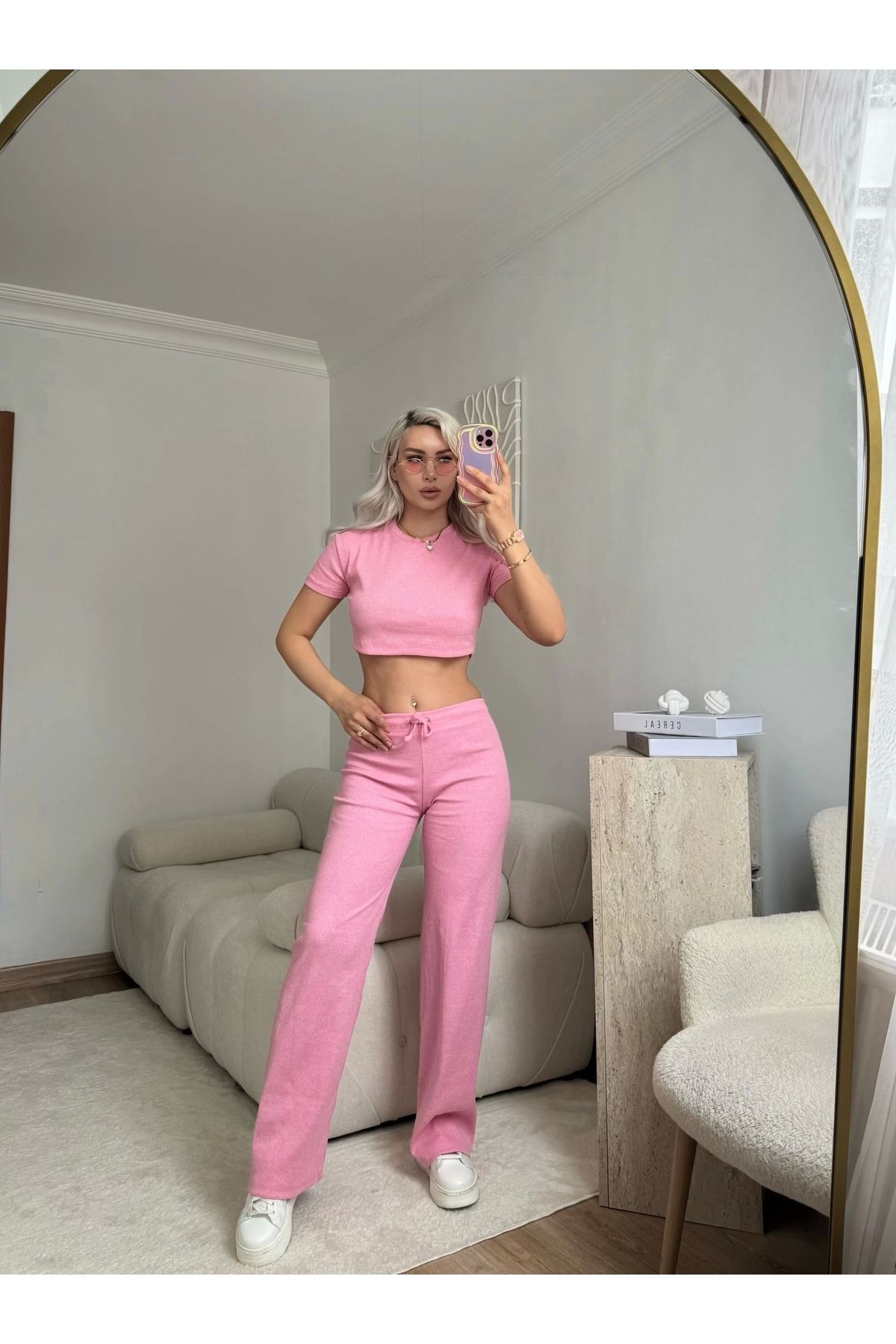Zora Butik Kaşkorse Crop & Pantolon Takım - PEMBE