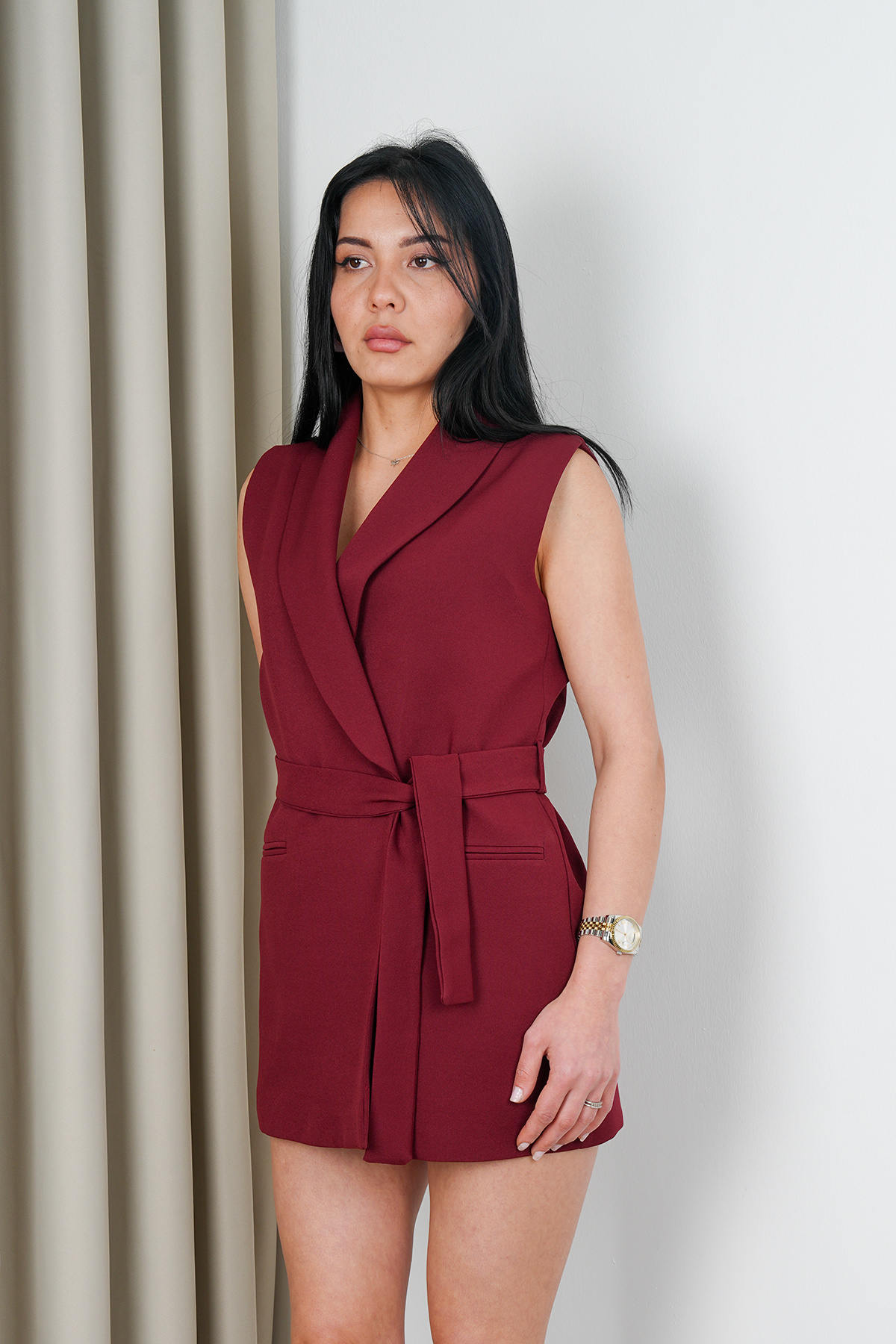 Stil Sepeti-Women's Burgundy Premium Double Breasted Collar Lined Belted Long Blazer Vest Drl- 100078556 4