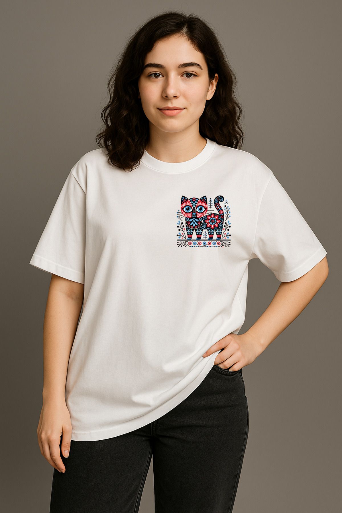 wolka Kedi Baskılı Unisex %100 Pamuk Oversize Bisiklet Yaka Beyaz T-shirt
