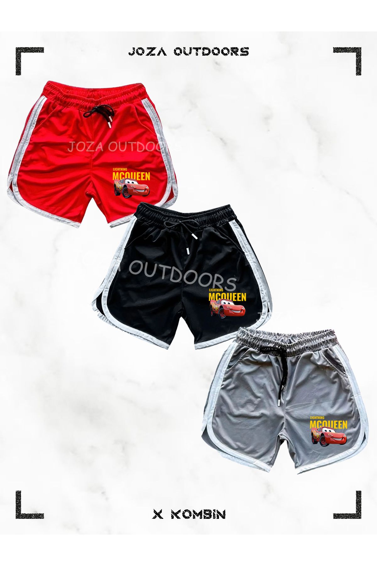Joza Outdoors Kırmızı-Gri-Siyah Mcqueen Baskılı file Basketbol Antreman Sporcu Şortu Çizgi Detaylı 3'lü Set