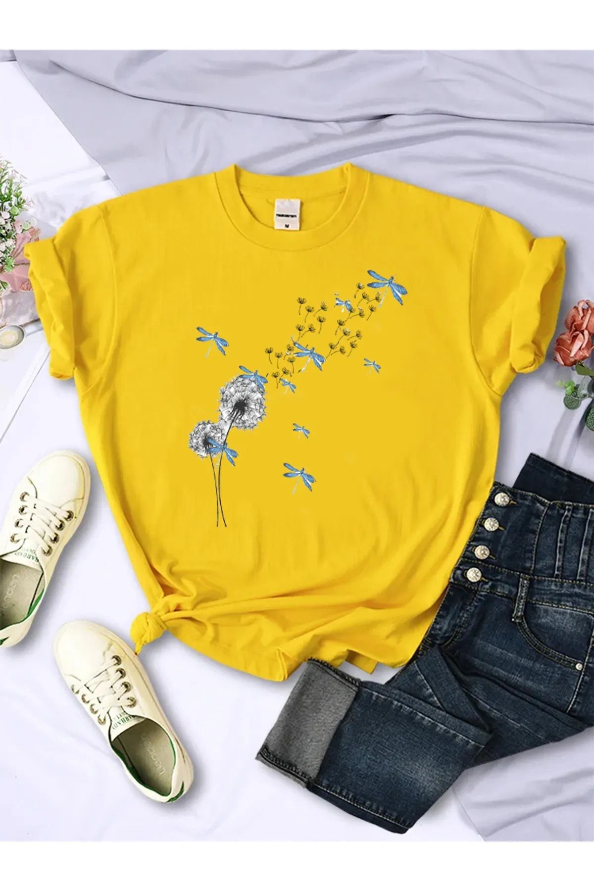 FeaR LeeS karahindiba suluboya aşk kadın moda T-shirt