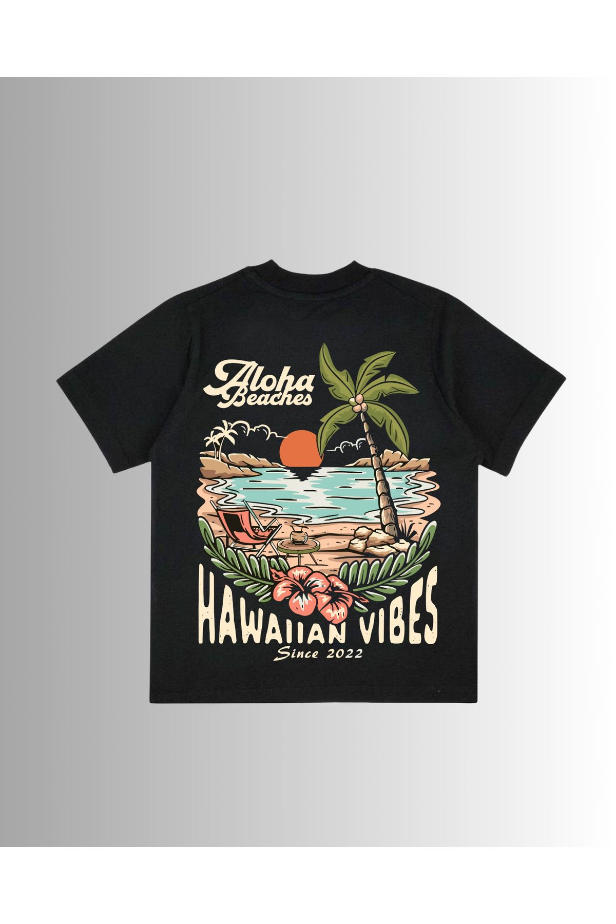 Altair Tr Siyah Oversize Kalıp Hawaiian Vibes Deniz Kum Palmiye Baskılı Unisex Tişört T-Shirt